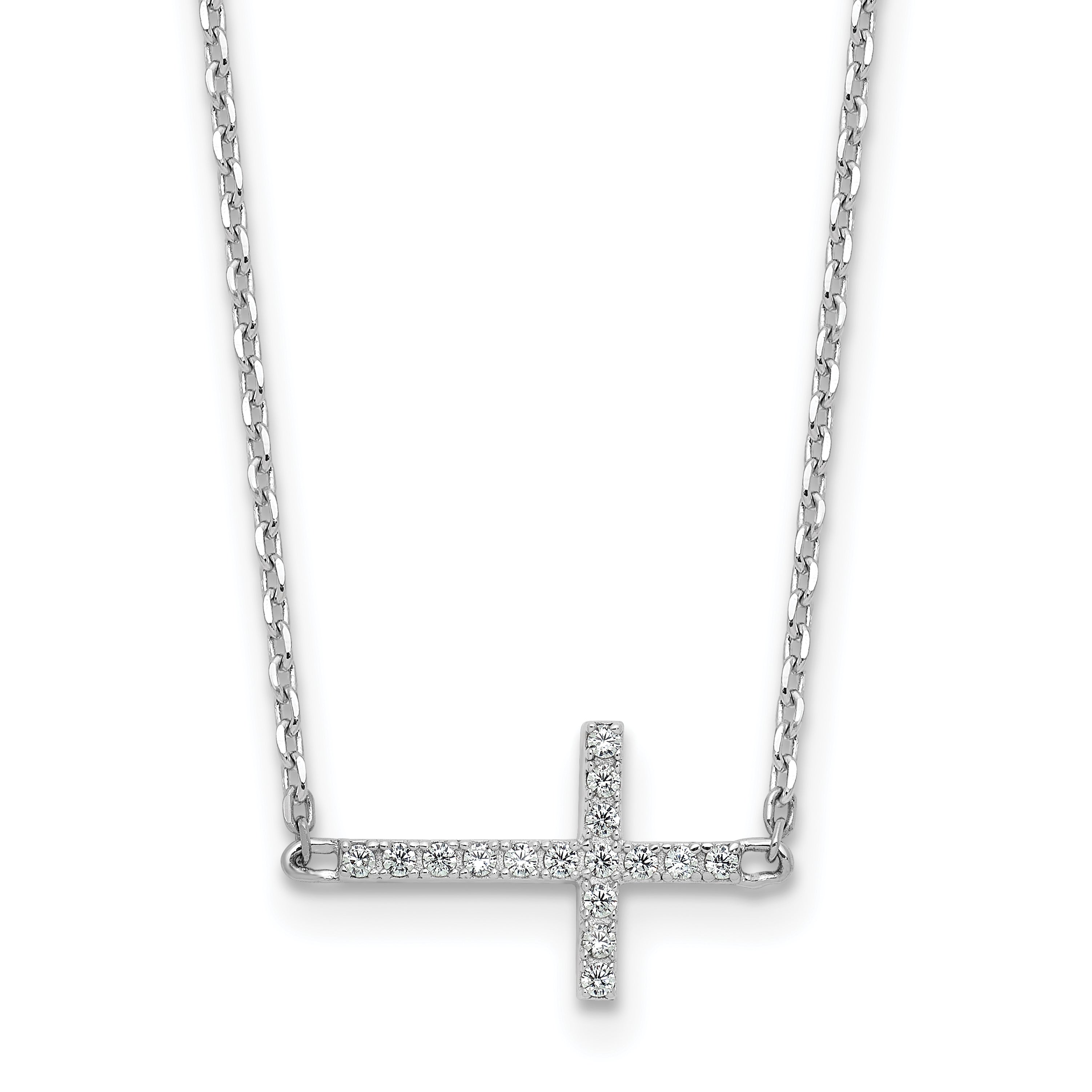 Sterling Shimmer Sterling Silver Rhodium-plated 1.1mm CZ 16 Stone Sideway Cross 16 inch with 2 inch Extension Necklace Main image
