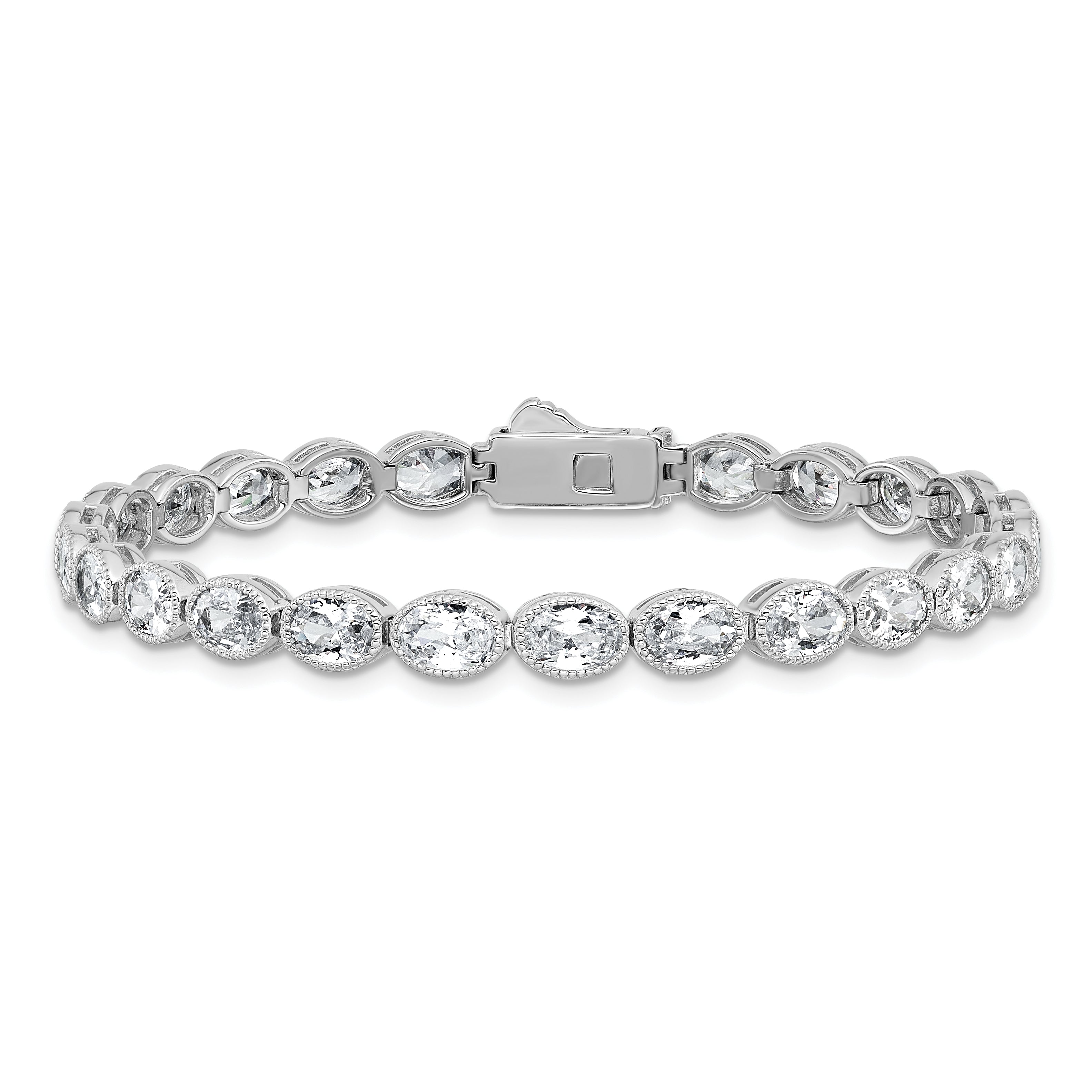 Sterling Shimmer Sterling Silver Rhodium-plated 6mm x 4mm CZ 25 Stone Oval Link 6.75 inch Bracelet