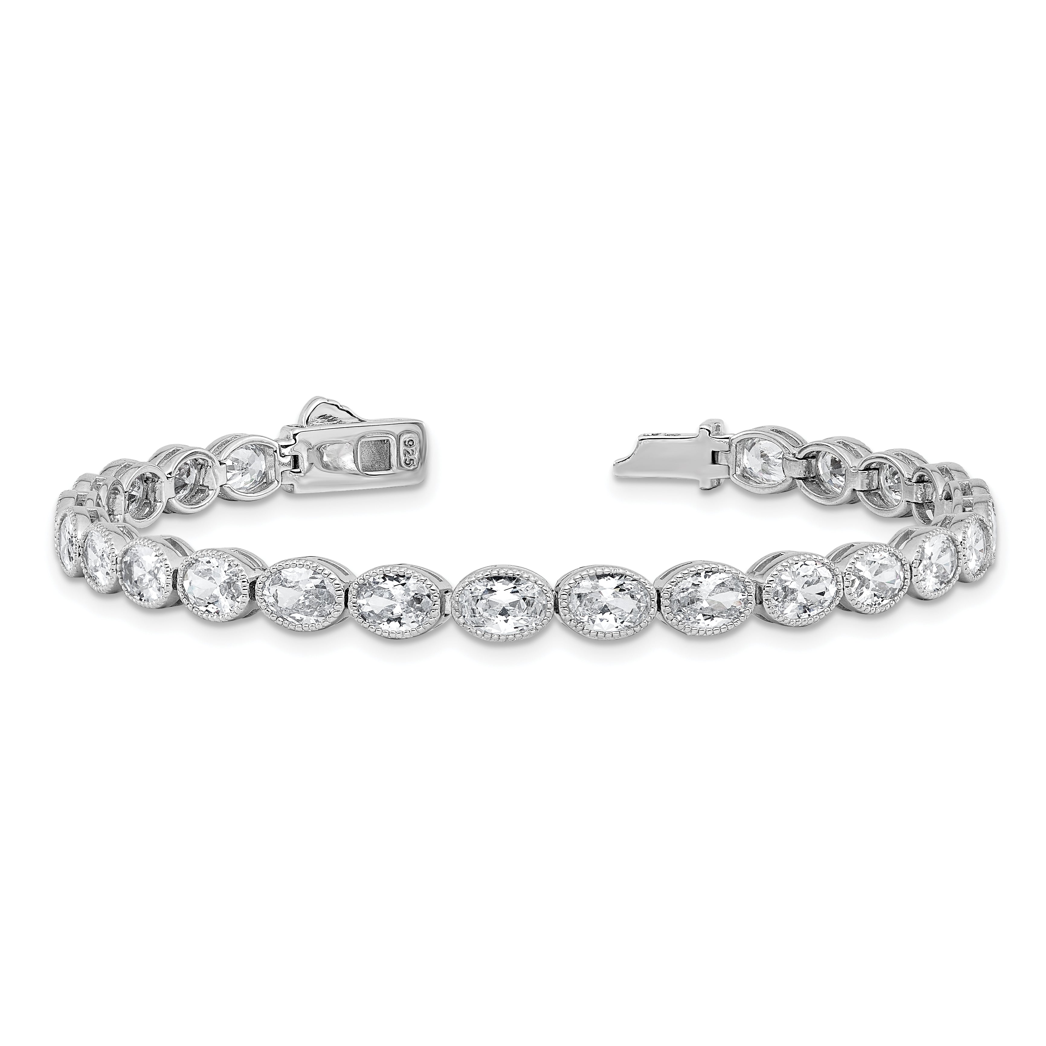 Sterling Shimmer Sterling Silver Rhodium-plated 6mm x 4mm CZ 25 Stone Oval Link 6.75 inch Bracelet