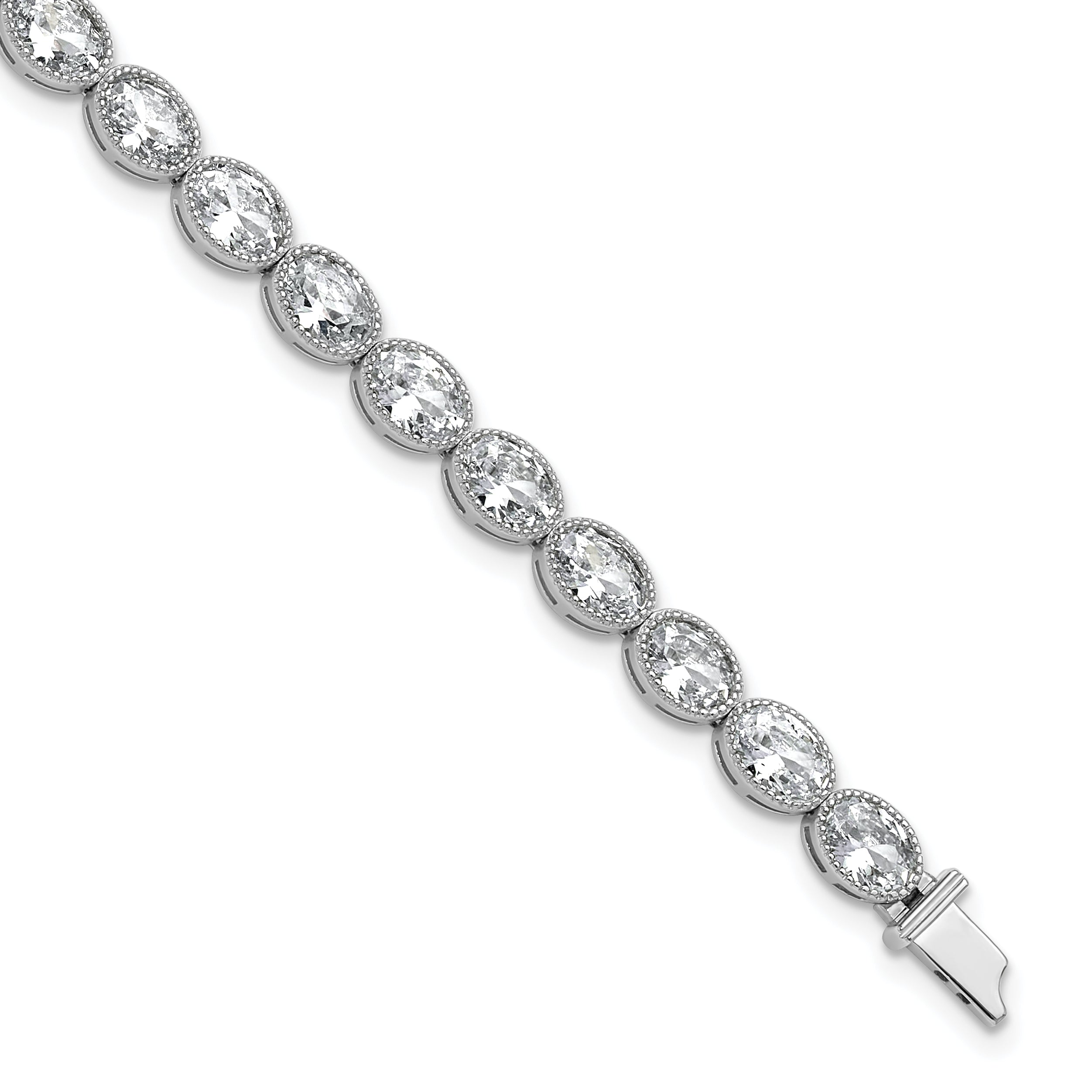 Sterling Shimmer Sterling Silver Rhodium-plated 6mm x 4mm CZ 25 Stone Oval Link 6.75 inch Bracelet