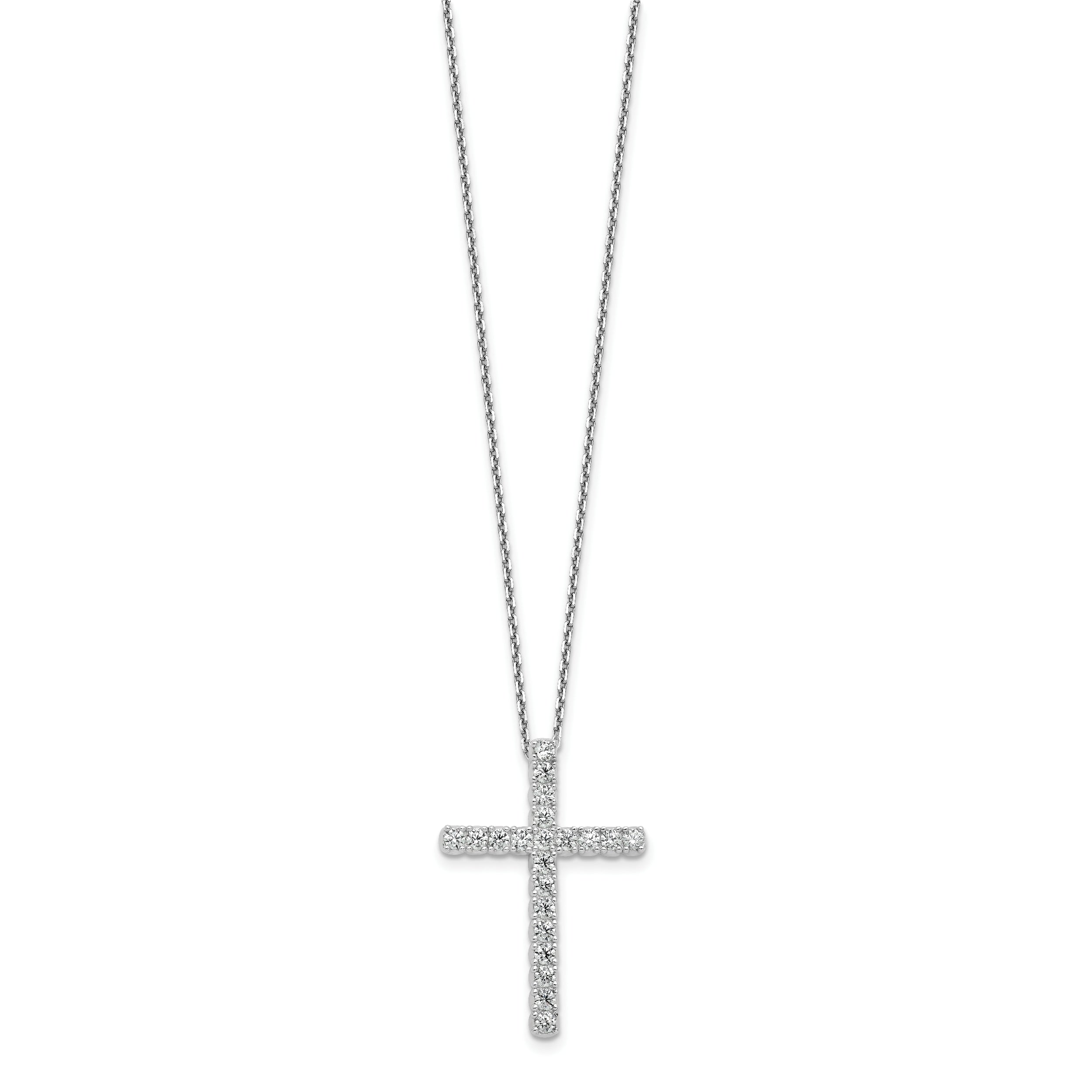 Sterling Shimmer Sterling Silver Rhodium-plated 2.3mm CZ 21 Stone Cross 16 inch with 2 inch Extension Necklace