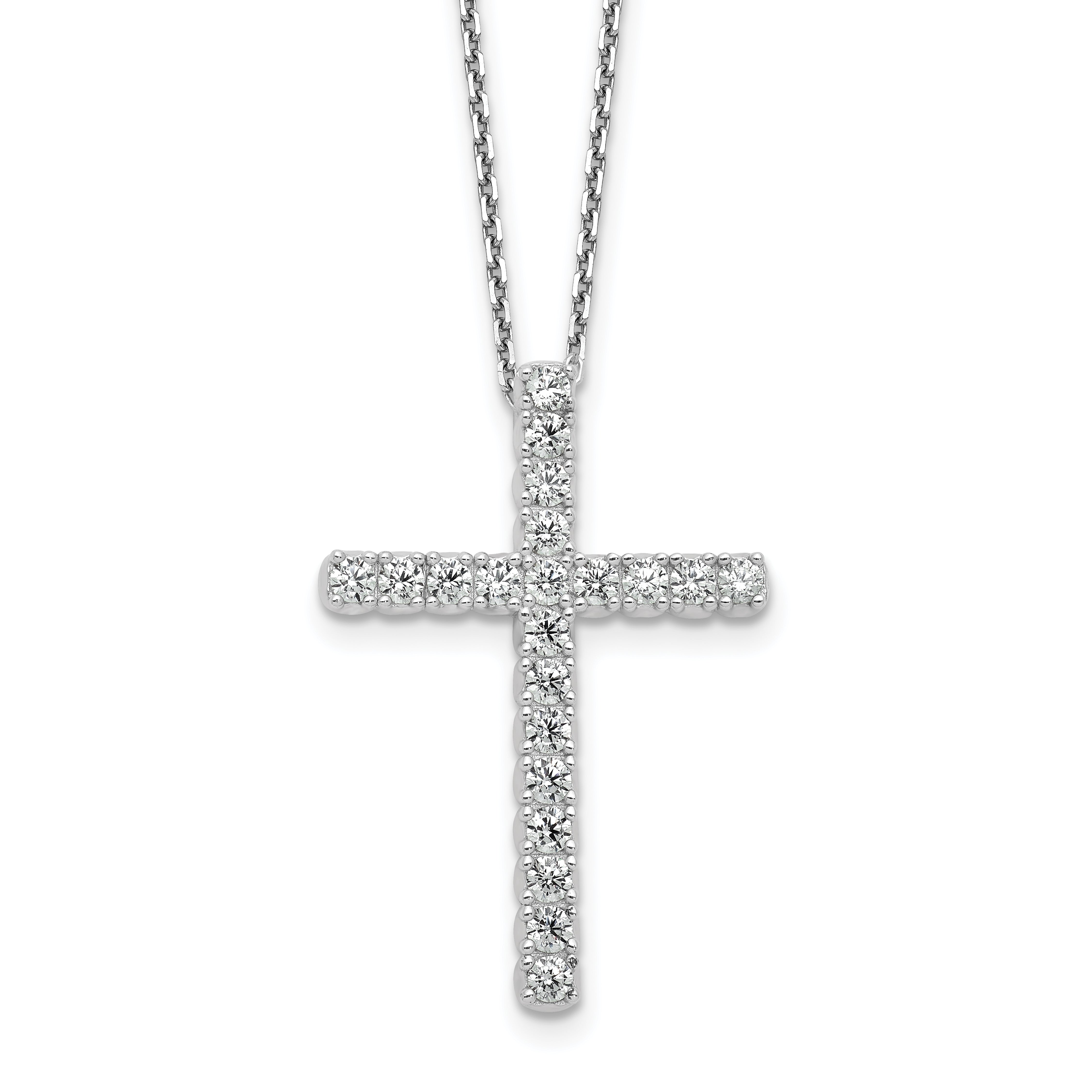 Sterling Shimmer Sterling Silver Rhodium-plated 2.3mm CZ 21 Stone Cross 16 inch with 2 inch Extension Necklace