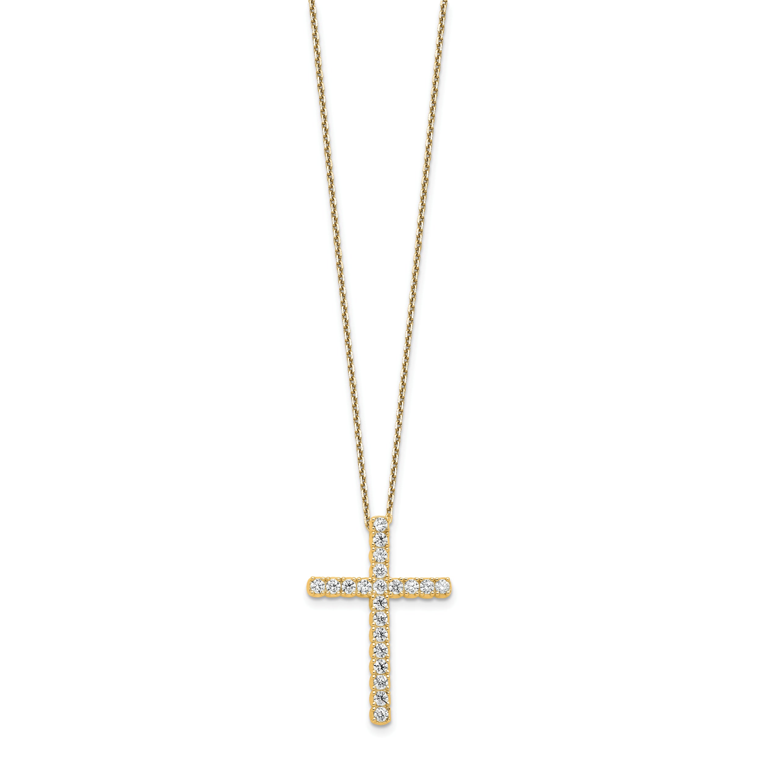 Sterling Shimmer Sterling Silver Gold-tone Flash Gold-plated 2.3mm CZ 21 Stone Cross 16 inch with 2 inch Extension Necklace