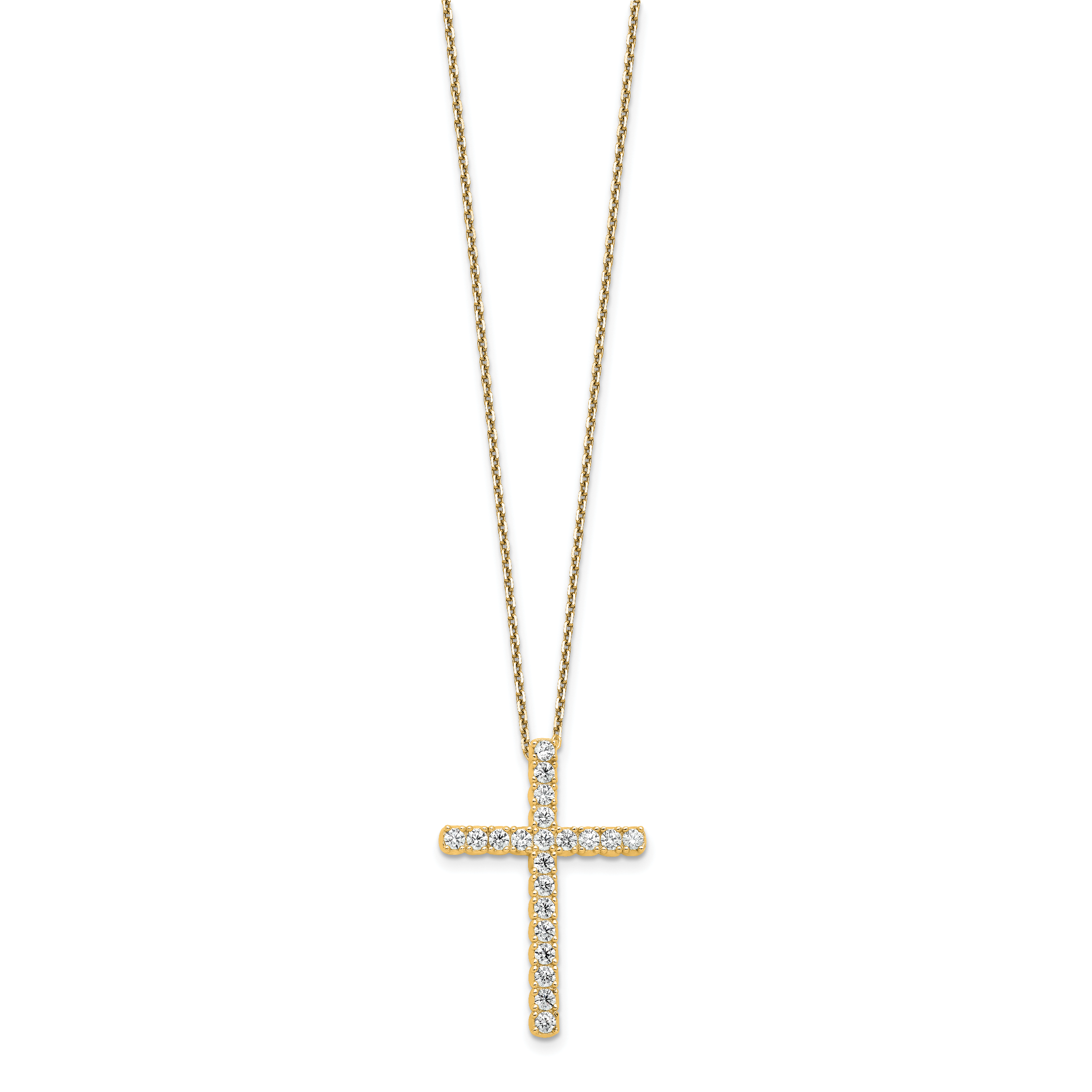 Sterling Shimmer Sterling Silver Gold-tone Flash Gold-plated 2.3mm CZ 21 Stone Cross 16 inch with 2 inch Extension Necklace