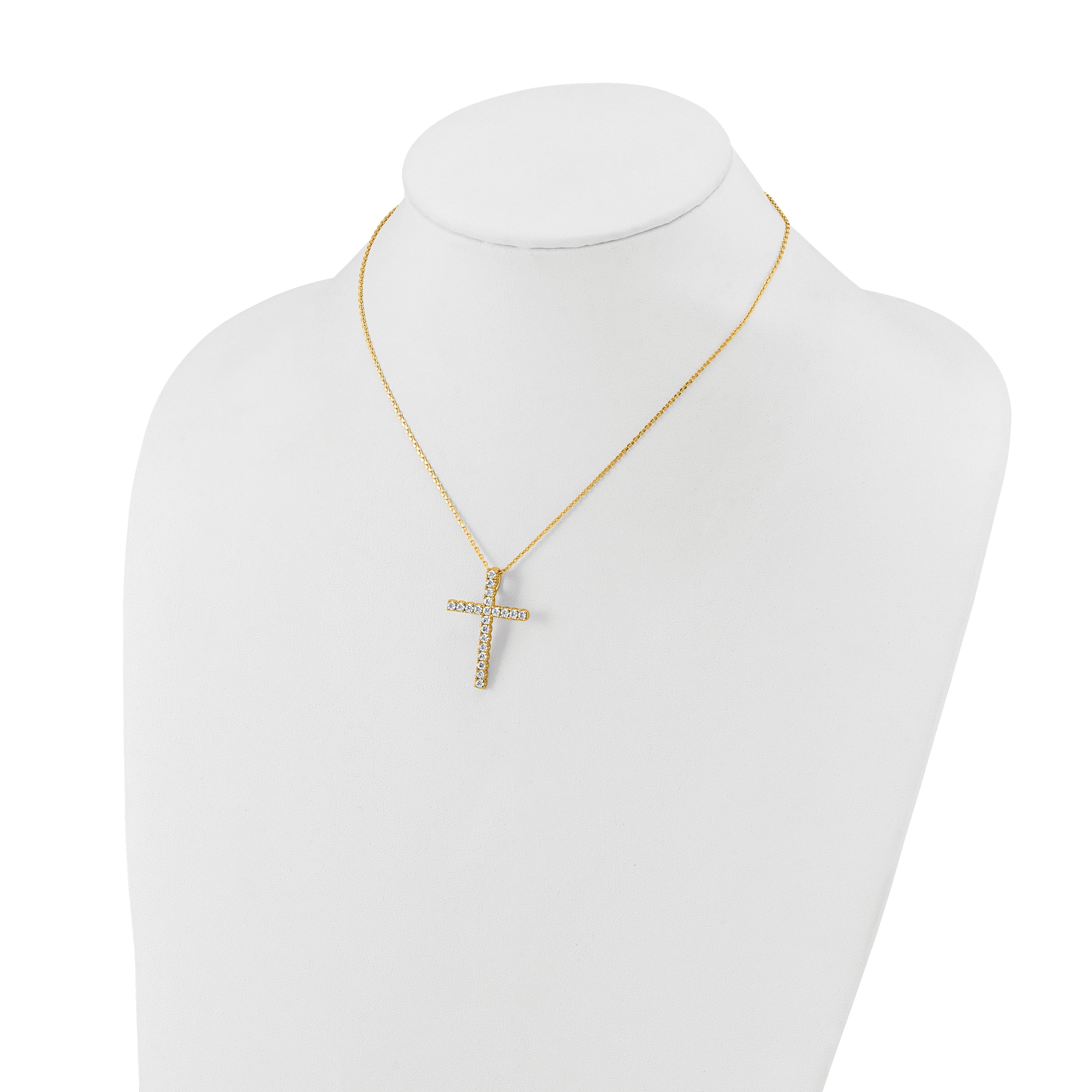 Sterling Shimmer Sterling Silver Gold-tone Flash Gold-plated 2.3mm CZ 21 Stone Cross 16 inch with 2 inch Extension Necklace