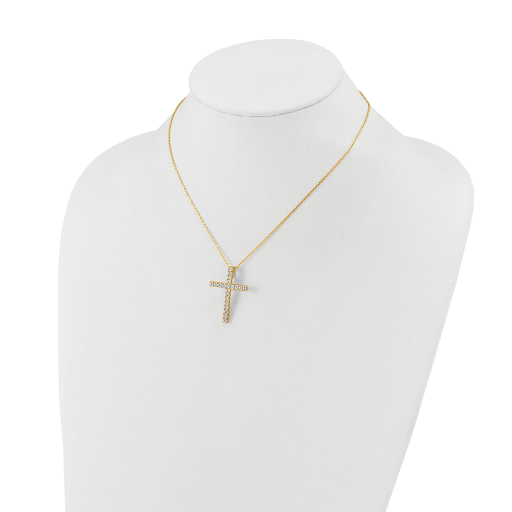 Sterling Shimmer Sterling Silver Gold-tone Flash Gold-plated 2.3mm CZ 21 Stone Cross 16 inch with 2 inch Extension Necklace