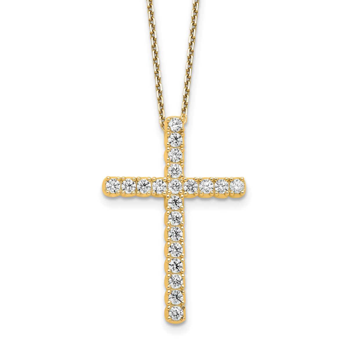 Sterling Shimmer Sterling Silver Gold-tone Flash Gold-plated 2.3mm CZ 21 Stone Cross 16 inch with 2 inch Extension Necklace
