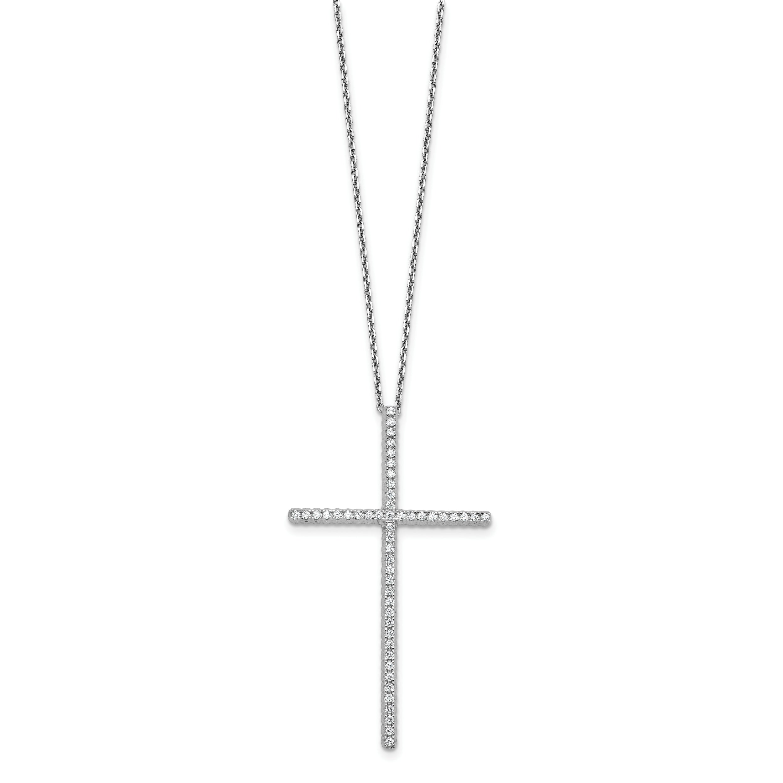 Sterling Shimmer Sterling Silver Rhodium-plated 1.3mm CZ 50 Stone Cross 16 inch with 2 inch Extension Necklace