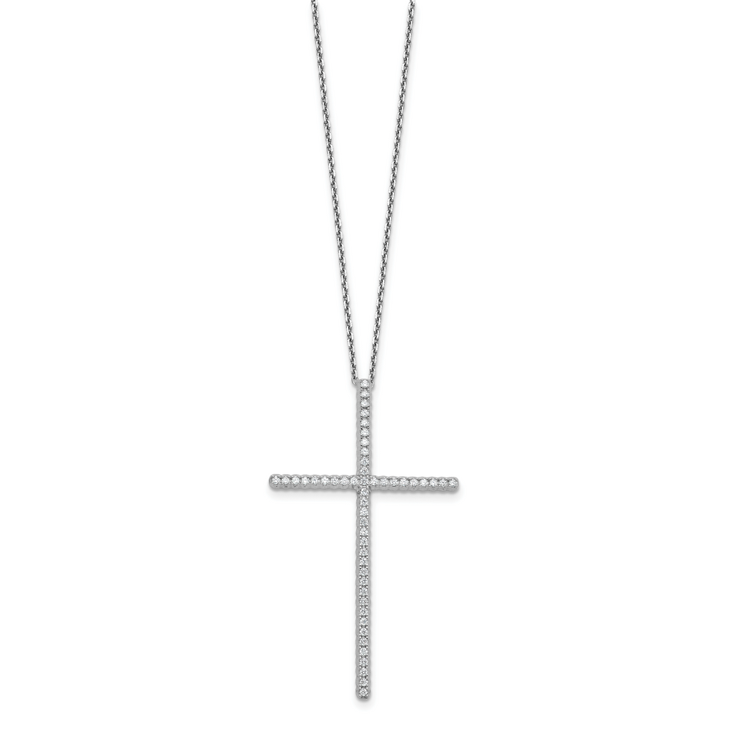 Sterling Shimmer Sterling Silver Rhodium-plated 1.3mm CZ 50 Stone Cross 16 inch with 2 inch Extension Necklace