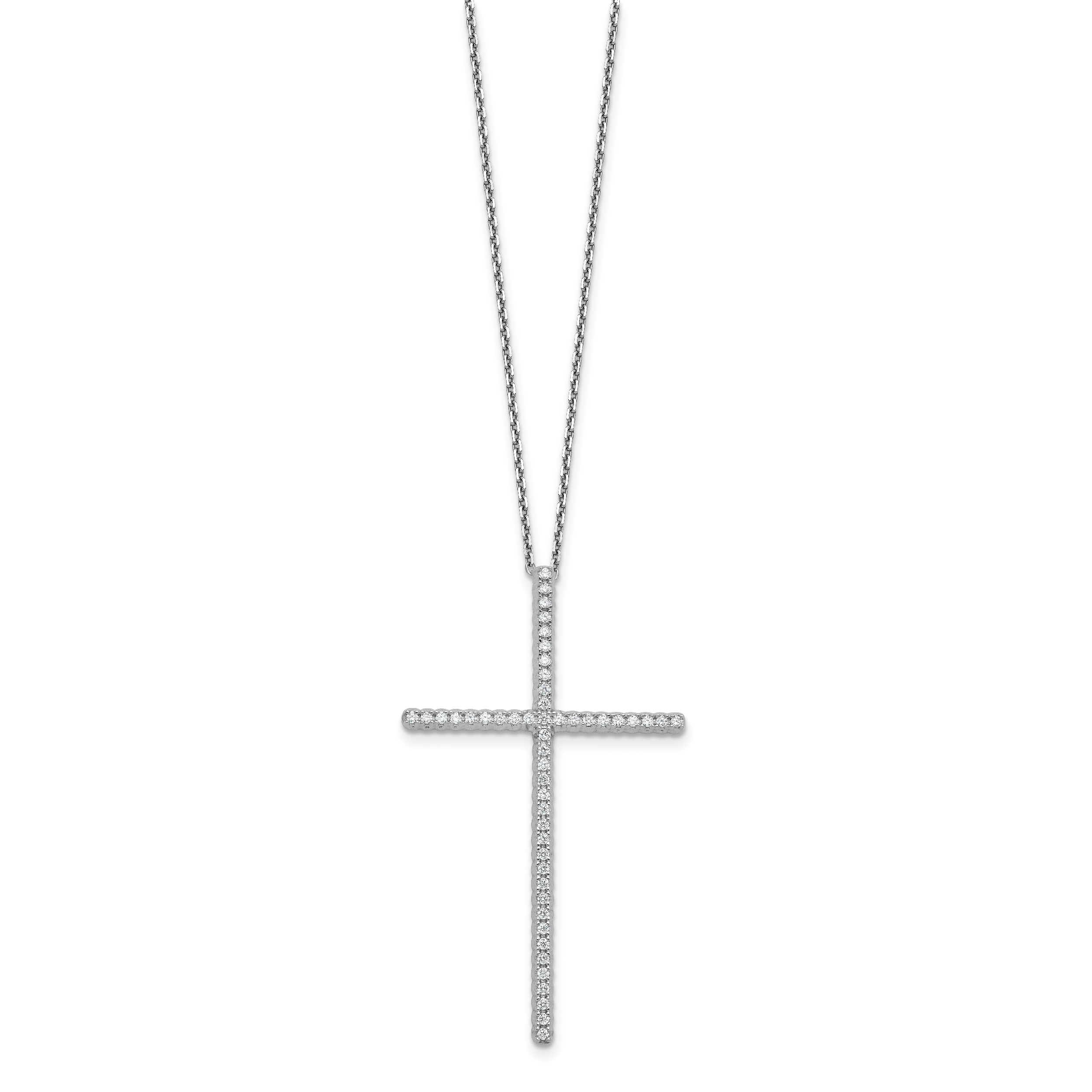 Sterling Shimmer Sterling Silver Rhodium-plated 1.3mm CZ 50 Stone Cross 16 inch with 2 inch Extension Necklace
