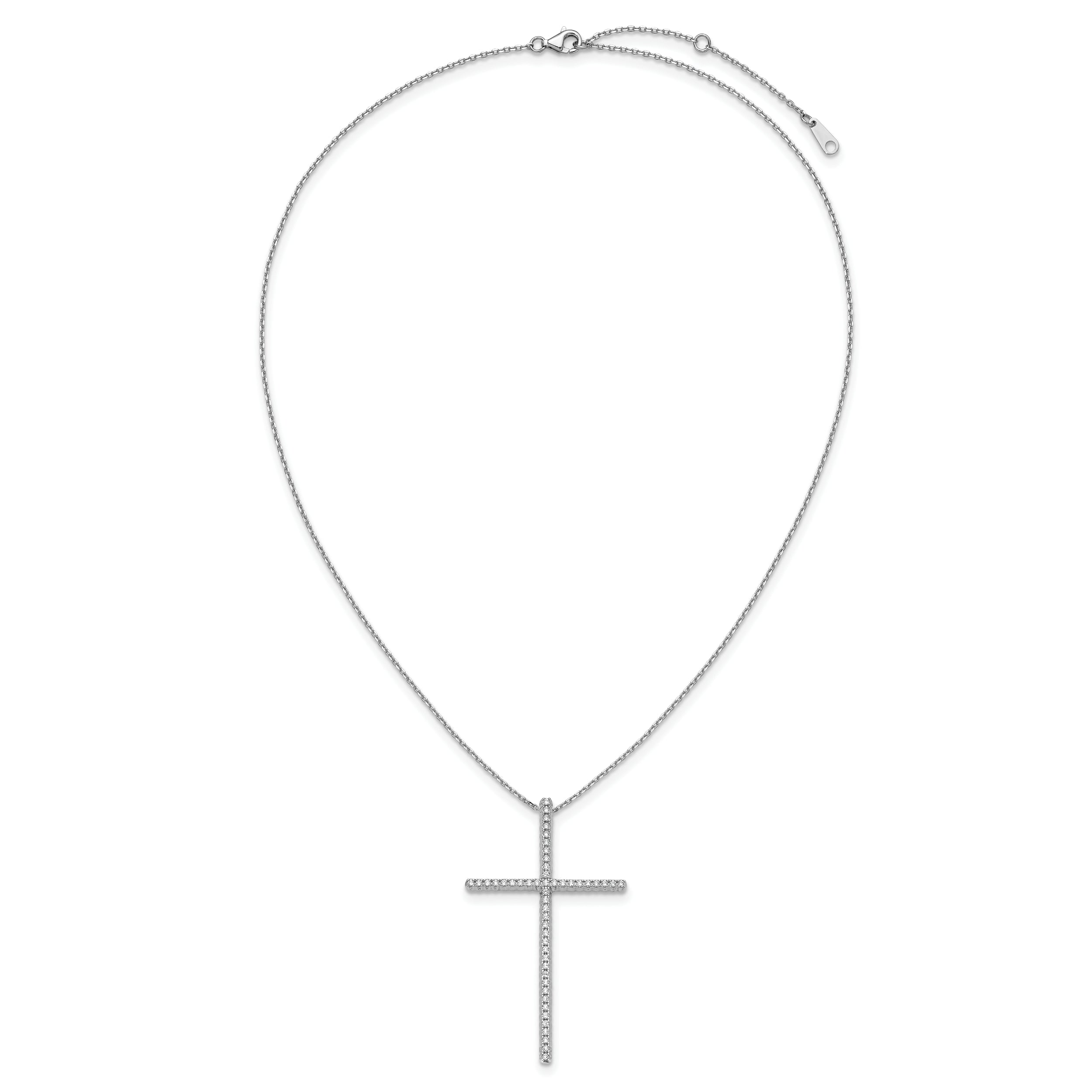 Sterling Shimmer Sterling Silver Rhodium-plated 1.3mm CZ 50 Stone Cross 16 inch with 2 inch Extension Necklace