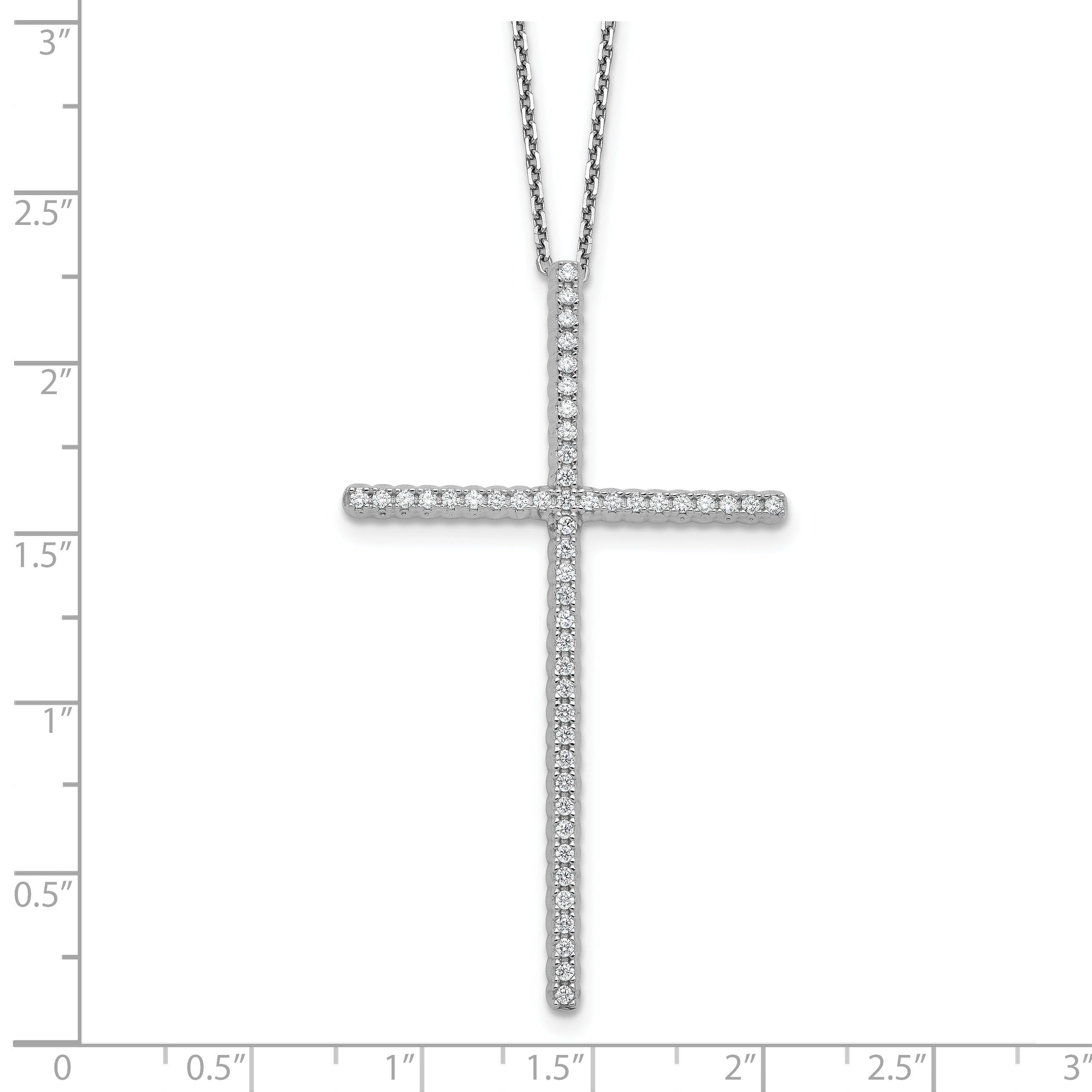 Sterling Shimmer Sterling Silver Rhodium-plated 1.3mm CZ 50 Stone Cross 16 inch with 2 inch Extension Necklace