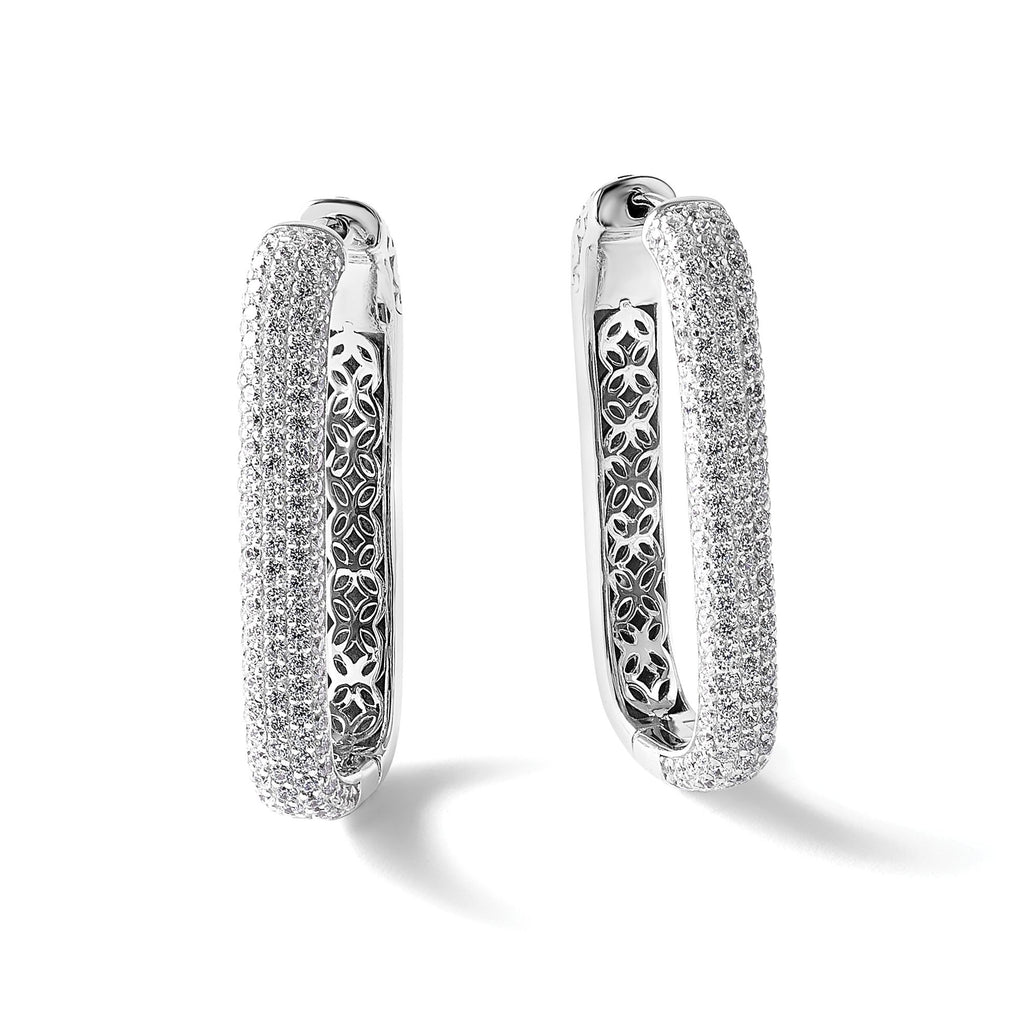 Cubic Zirconia Stone Rectangle Hoop Earrings in Sterling Silver, 34mm Hinged - Sophia Jewelers