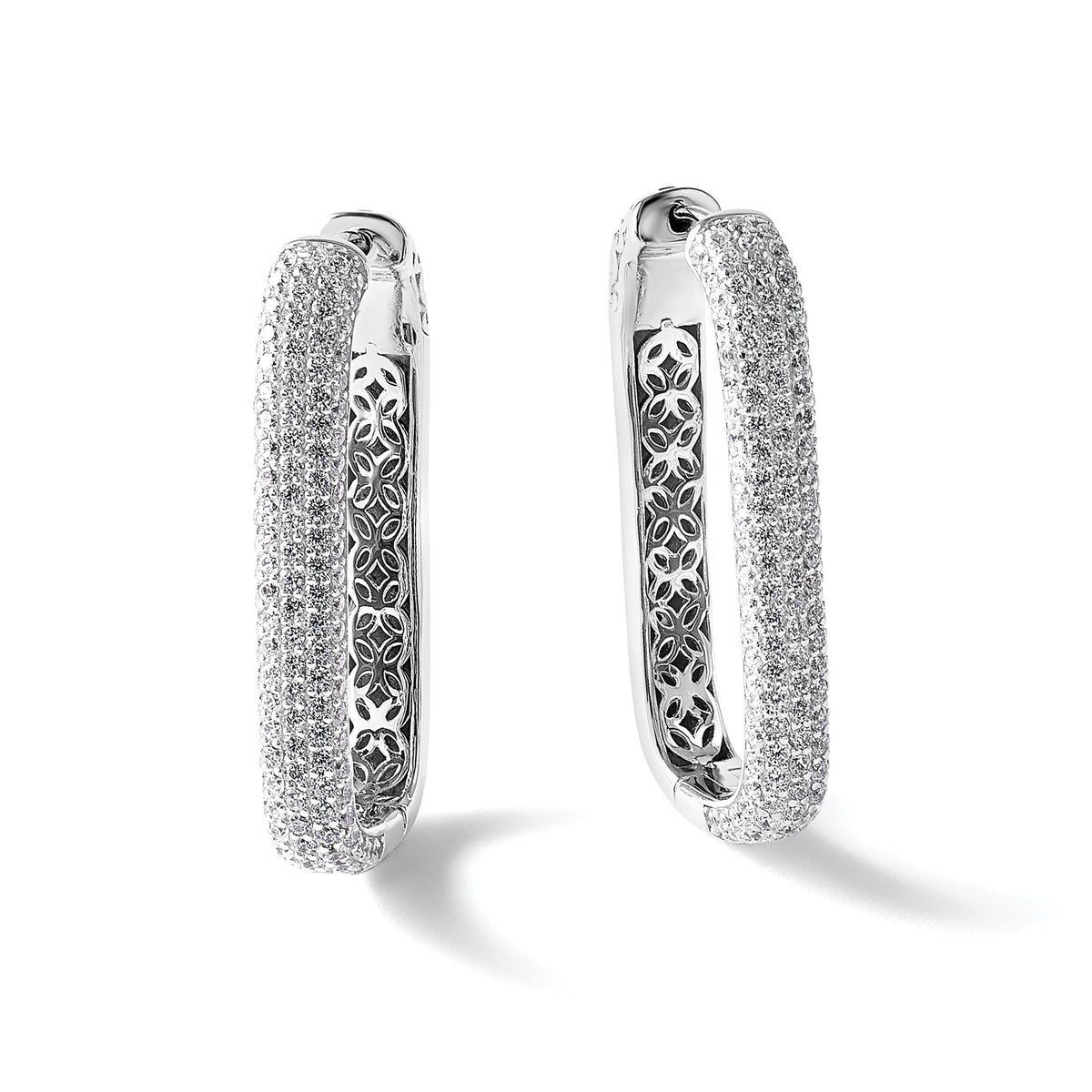 Cubic Zirconia Stone Rectangle Hoop Earrings in Sterling Silver, 34mm Hinged - Sophia Jewelers