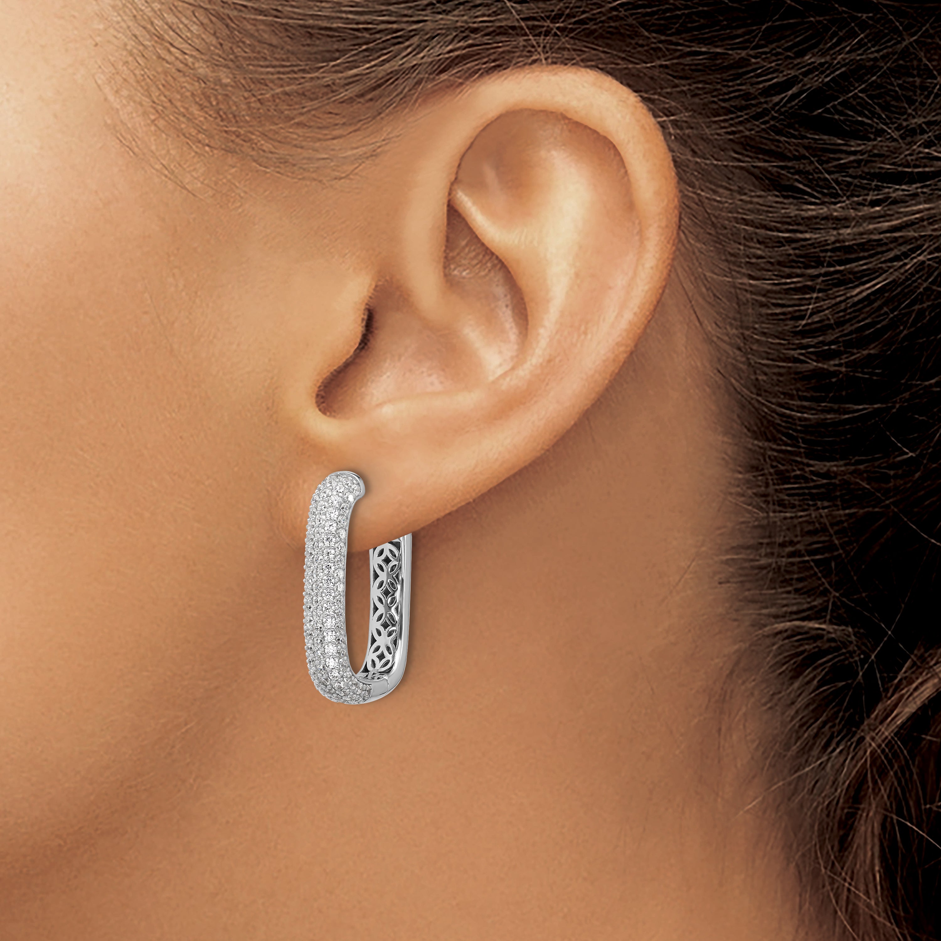 Sterling Shimmer Sterling Silver Rhodium-plated 1.3mm CZ 198 Stone Rectangle Hinged Hoop Earrings