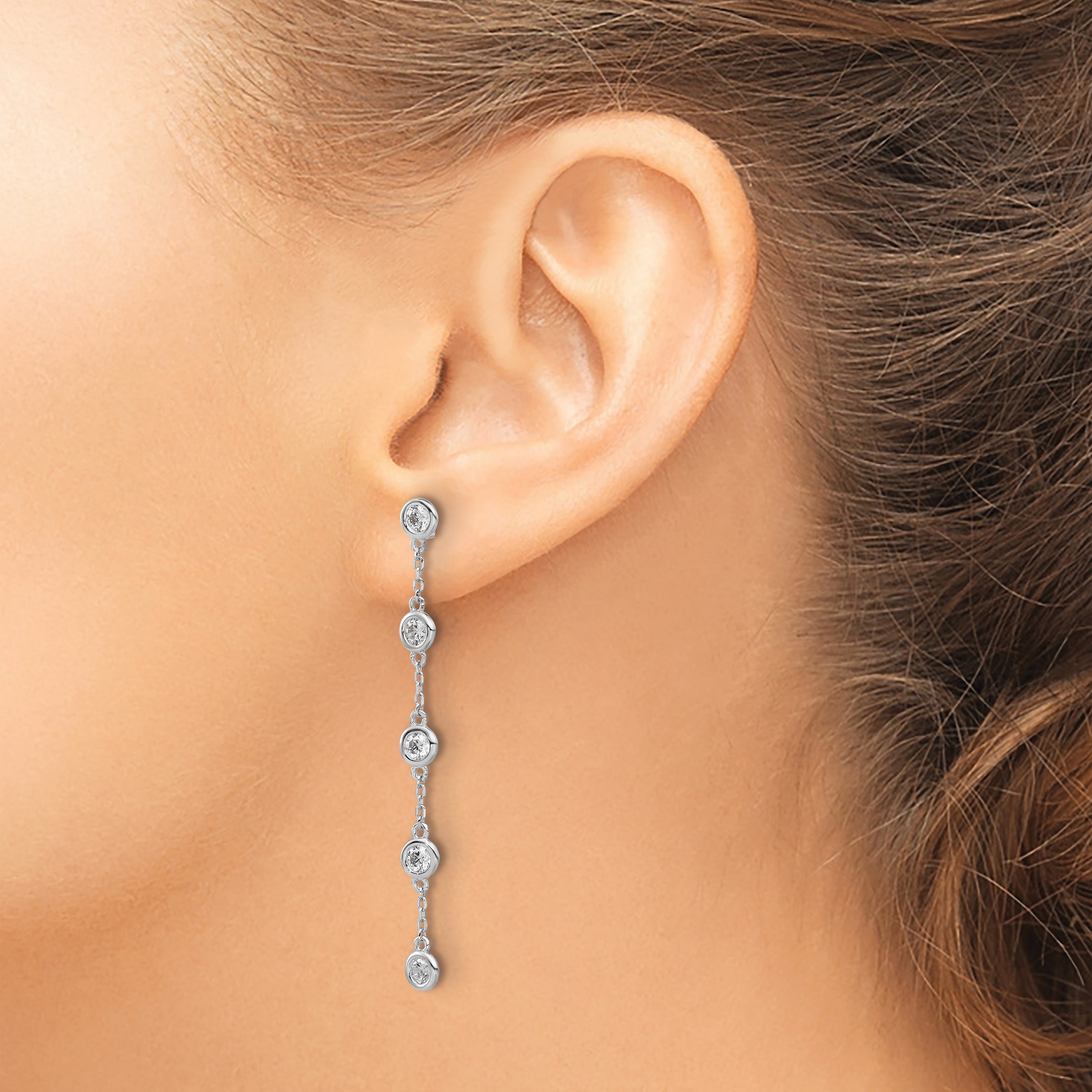 Sterling Silver Rhodium-plated CZ 5 Station Dangle Post Earrings