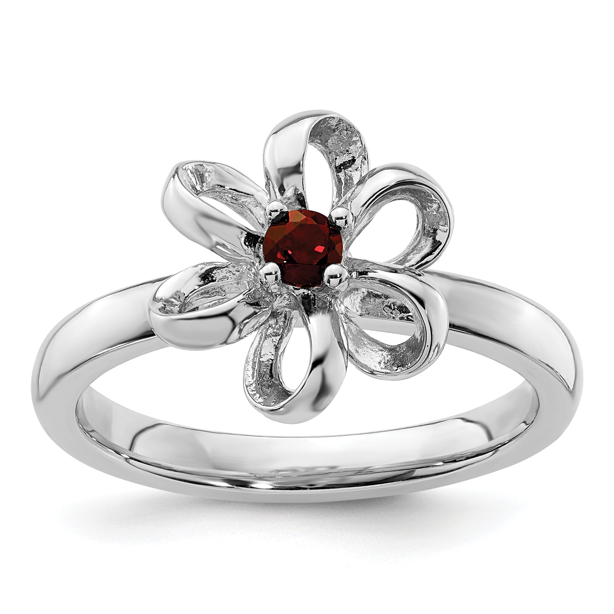 Sterling Silver Stackable Expressions Polished Garnet Flower Ring Main image