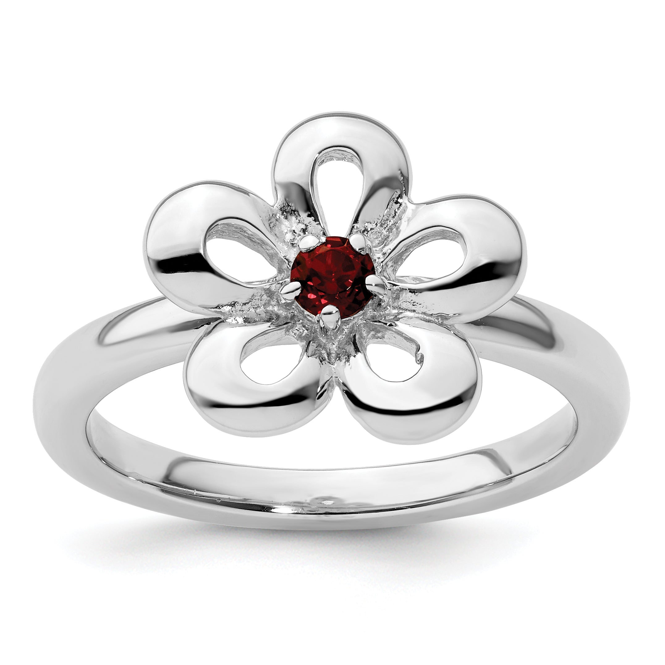Sterling Silver Stackable Expressions Polished Garnet Flower Ring Main image