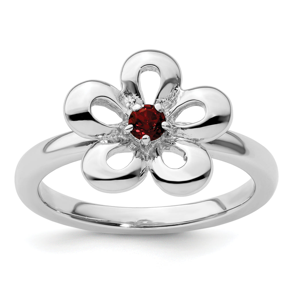 Sterling Silver Stackable Expressions Polished Garnet Flower Ring