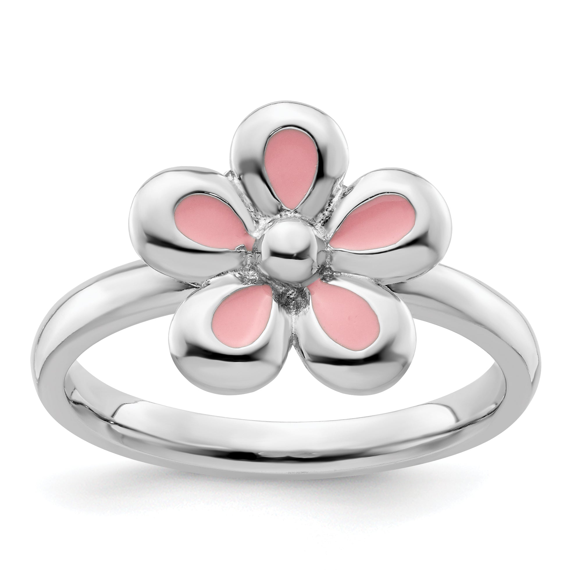 Sterling Silver Stackable Expressions Polished Pink Enameled Flower Ring Main image