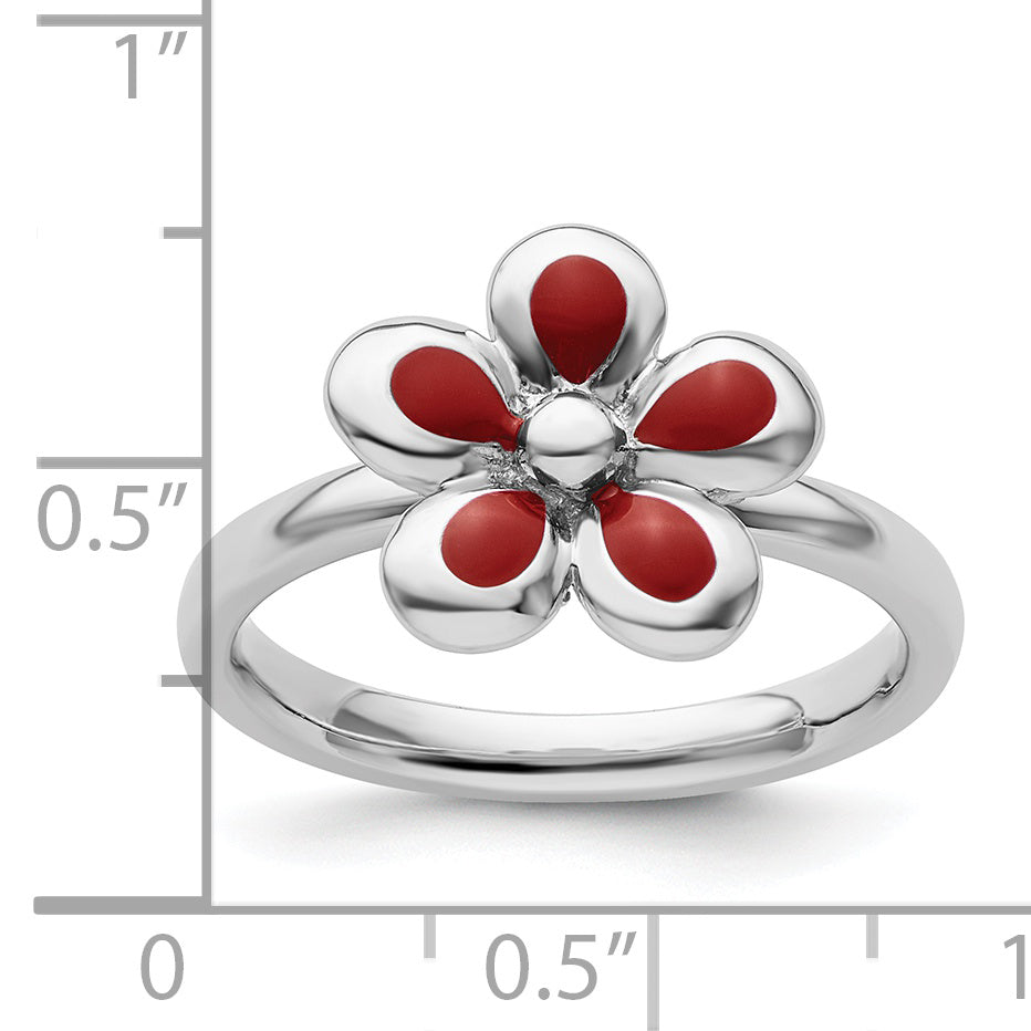 Sterling Silver Stackable Expressions Polished Red Enameled Flower Ring