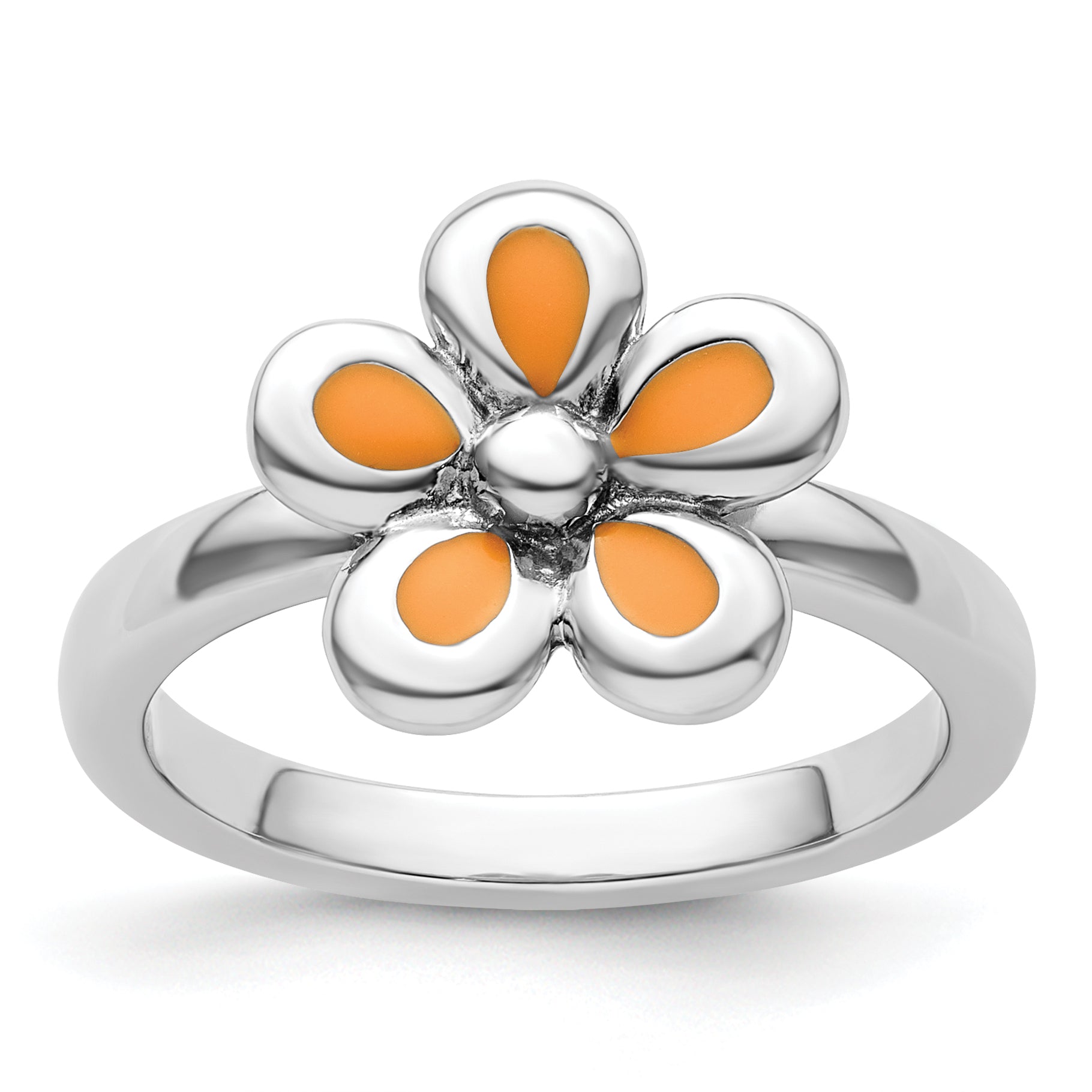 Sterling Silver Stackable Expressions Polished Orange Enameled Flower Ring Main image