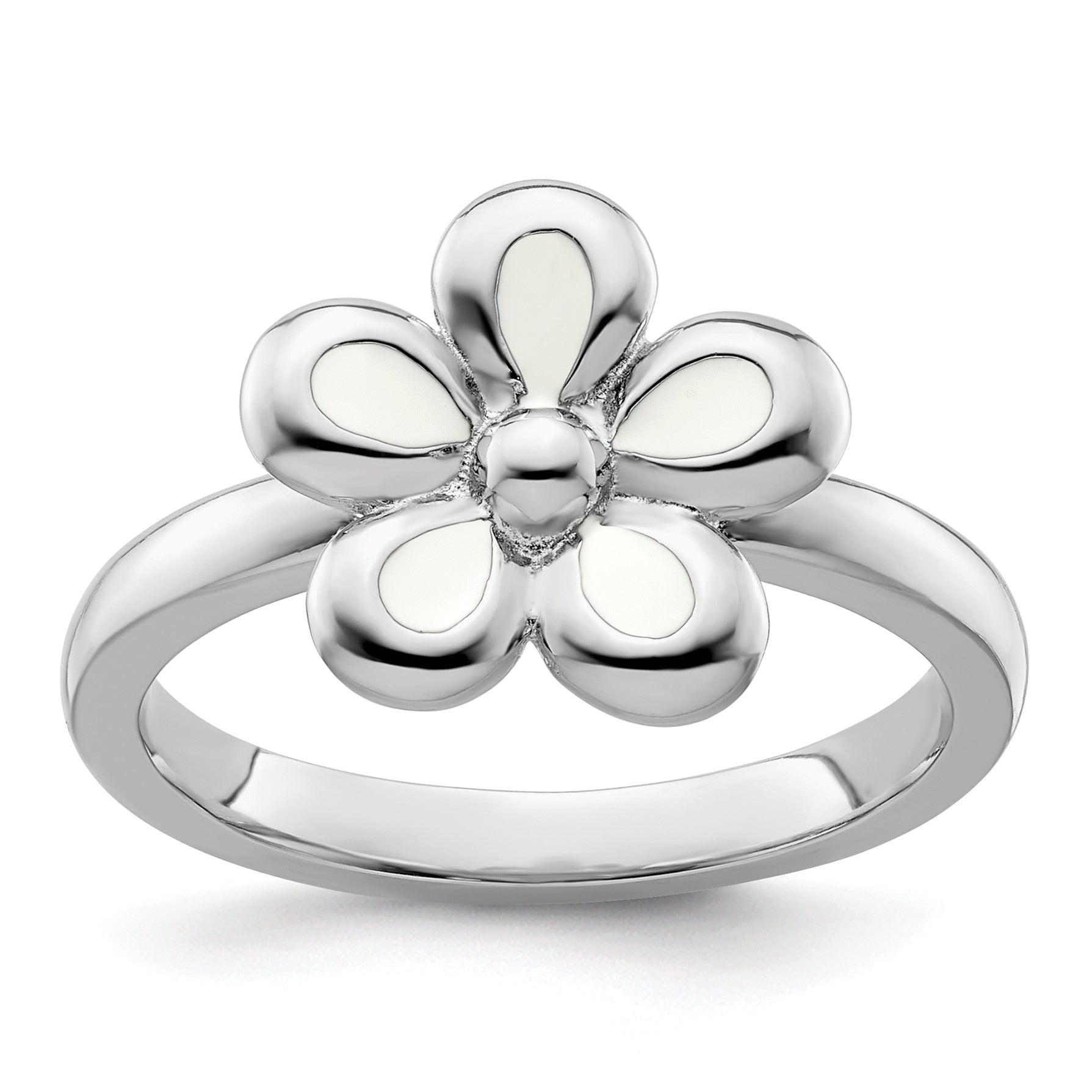 Sterling Silver Stackable Expressions Polished White Enameled Flower Ring Main image