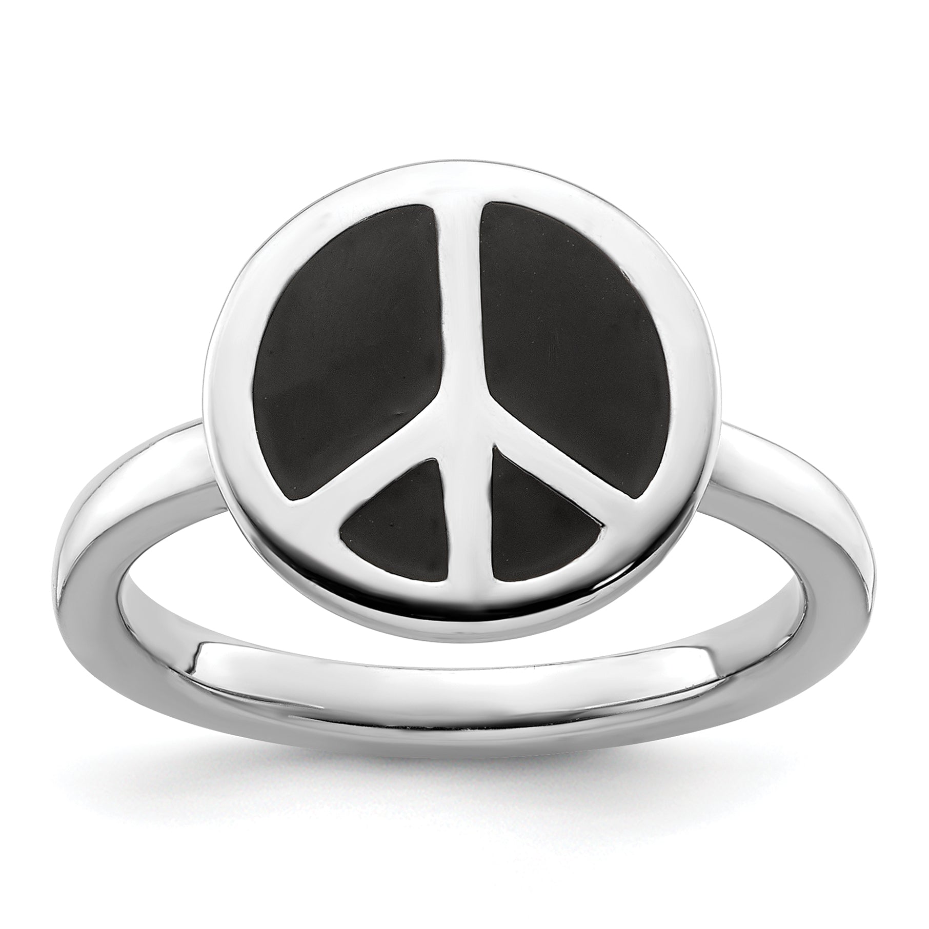 Sterling Silver Stackable Expressions Pol. Black Enameled Peace Sign Ring Main image