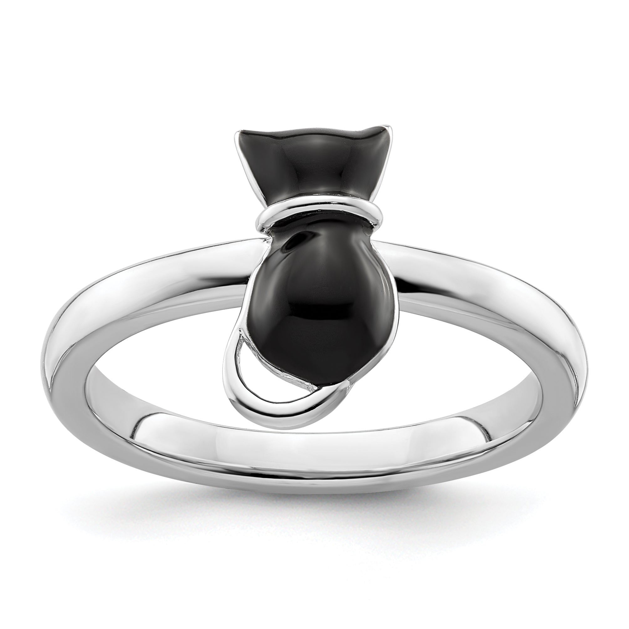 Sterling Silver Stackable Expressions Polished Black Enameled Cat Ring Main image