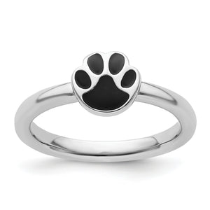 Black Enamel Pawprint Stackable Ring in Sterling Silver - Sophia Jewelers