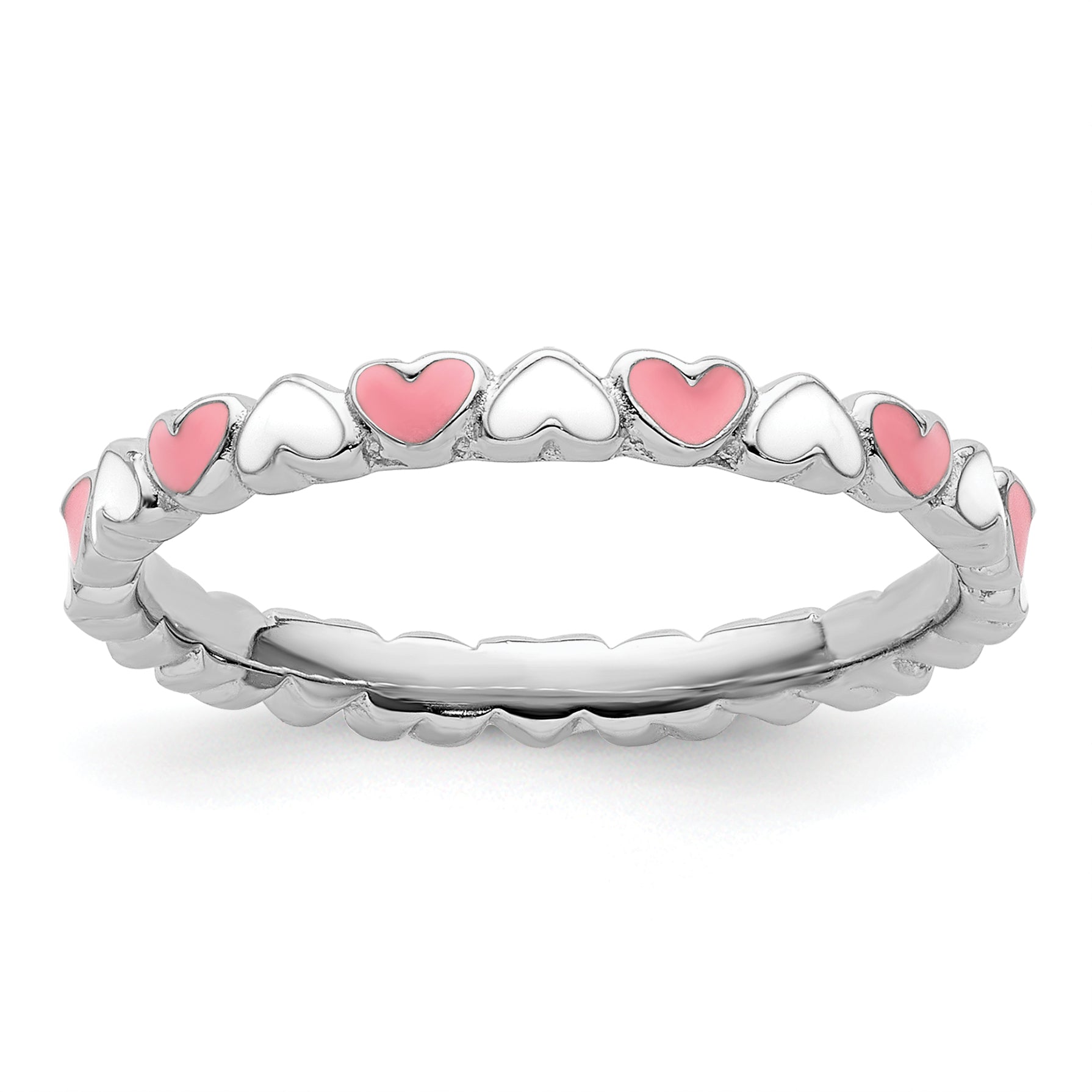 Sterling Silver Stackable Expressions Pink & White Enamel Heart Ring Main image