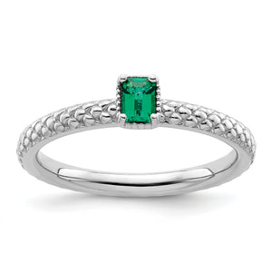 Emerald-Cut Created Emerald Stackable Ring in Sterling Silver, 4x3mm, Size 5–10 - Sophia Jewelers