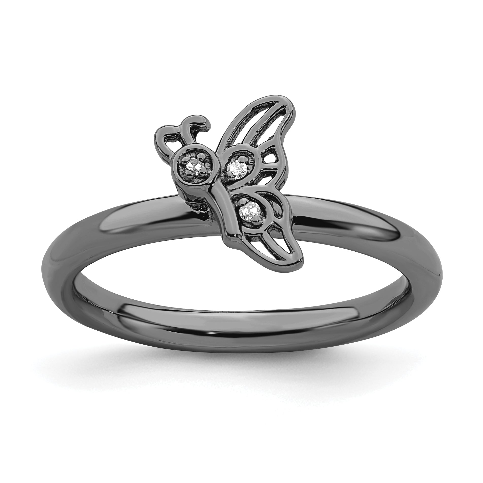Sterling Silver Stackable Expressions Black-plated Butterfly w/Diamond Ring Main image