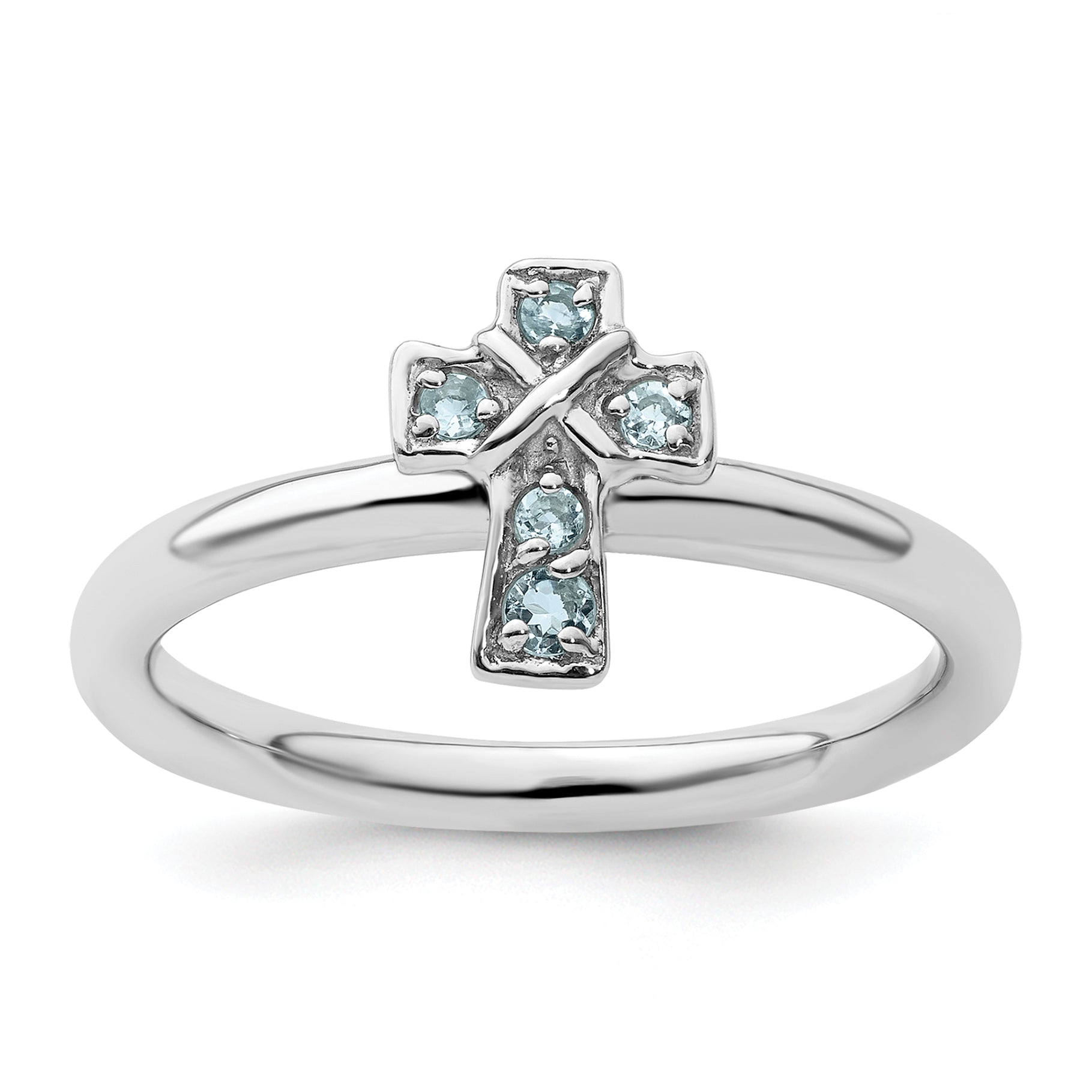 Sterling Silver Stackable Expressions Rhodium Aquamarine Cross Ring Main image