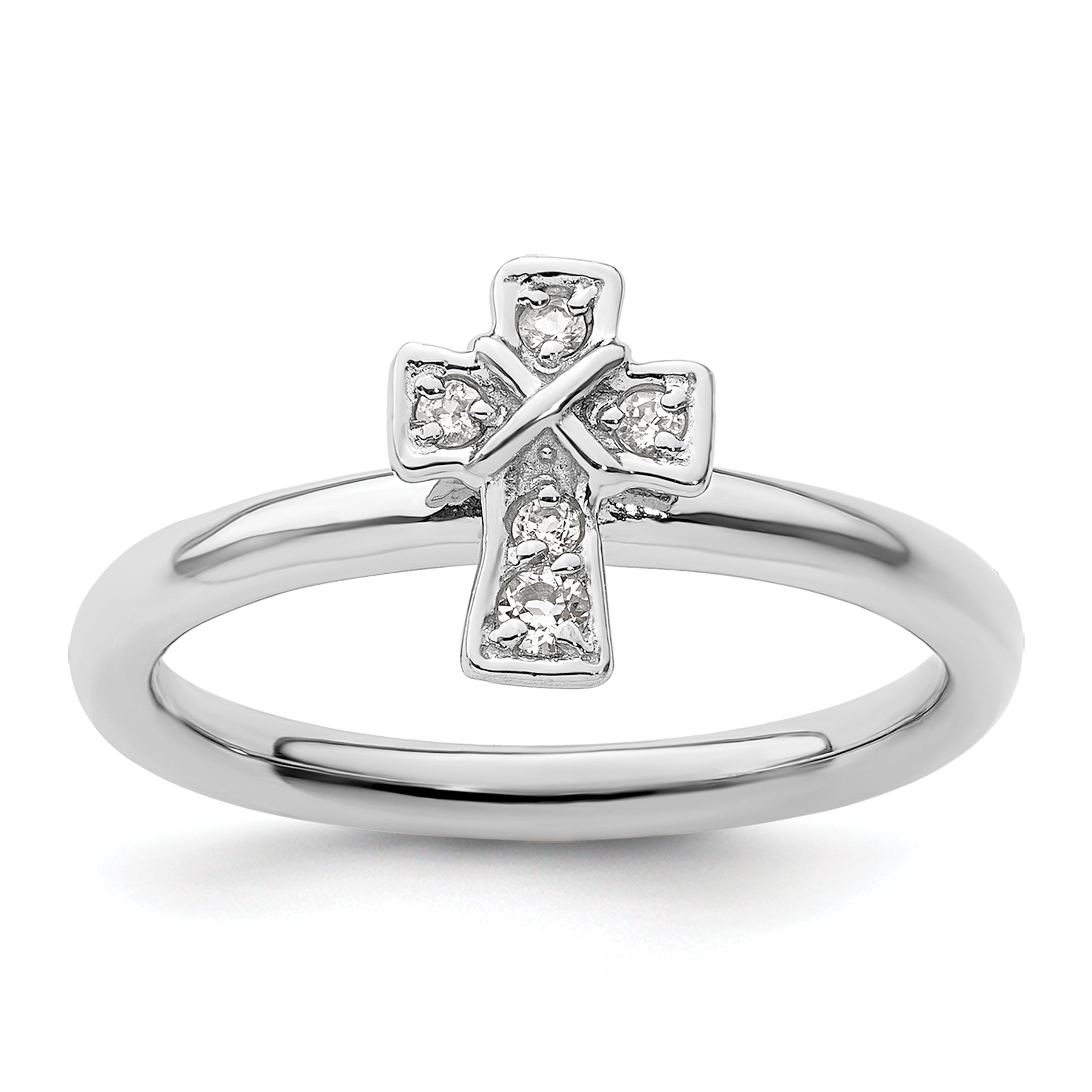 Sterling Silver Stackable Expressions Rhodium White Topaz Cross Ring Main image