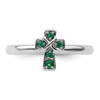 Sterling Silver Stackable Expressions Rhodium Created Emerald Cross Ring