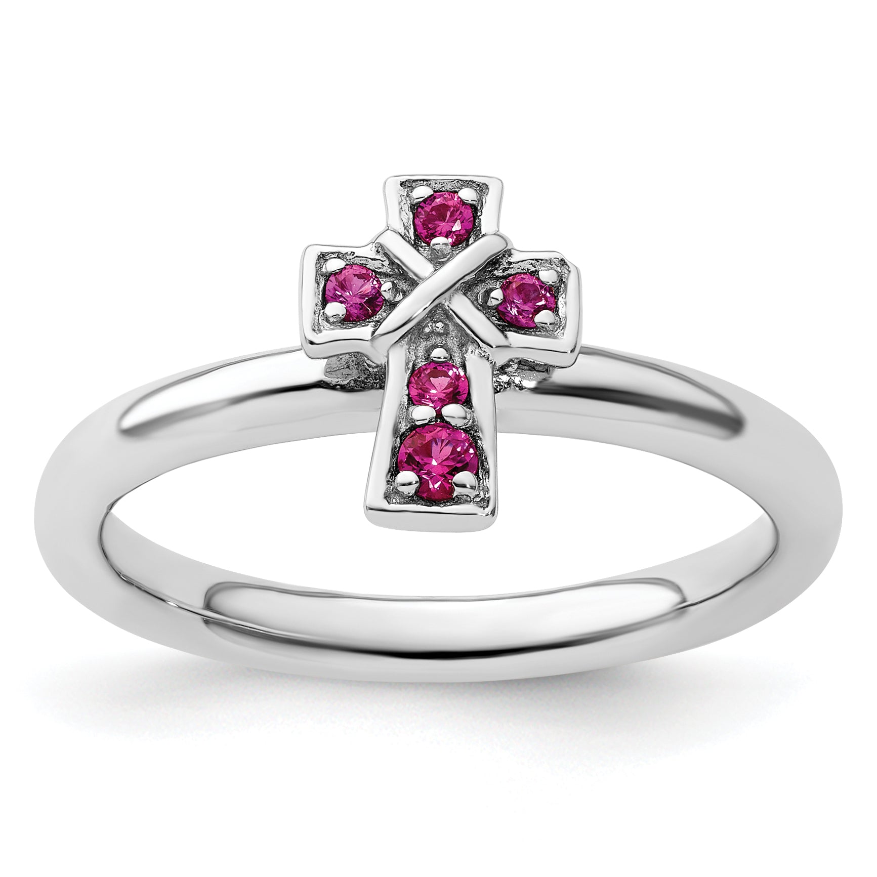 Sterling Silver Stackable Expressions Rhodium Created Ruby Cross Ring Main image