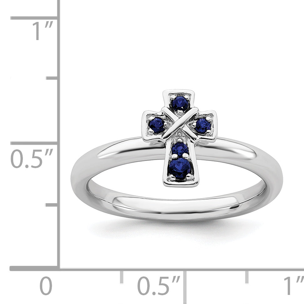 Sterling Silver Stackable Expressions Rhodium Created Sapphire Cross Ring