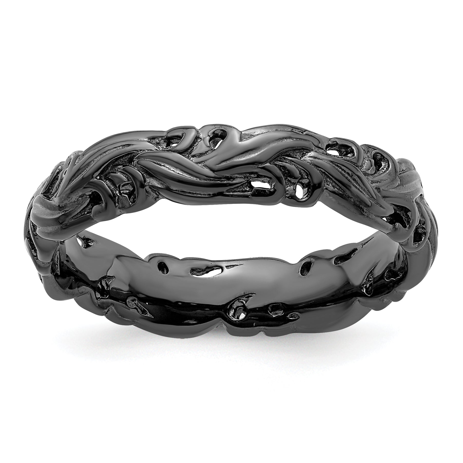 Sterling Silver Stackable Expressions Black-plated Carved Band Main image