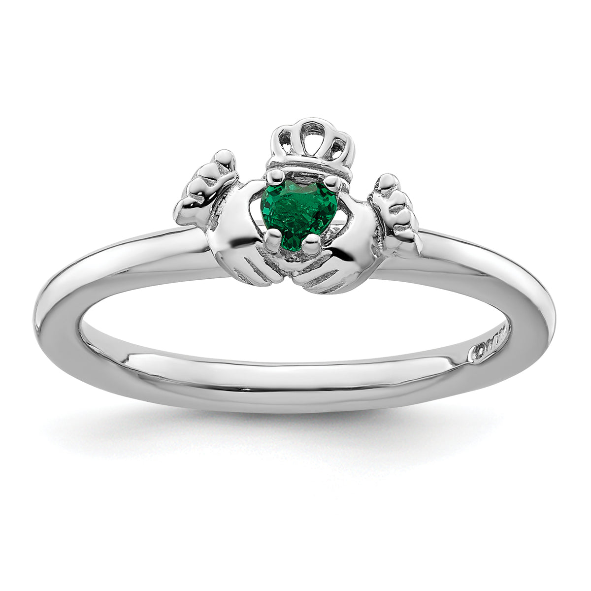 Sterling Silver Stackable Expressions Rhd. Cr. Emerald Claddagh Ring
