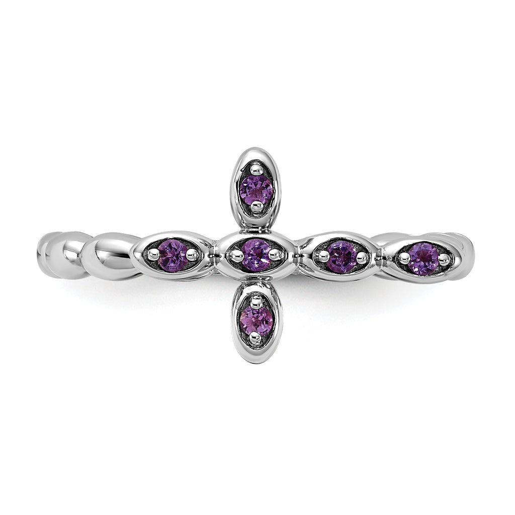 Sterling Silver Stackable Expressions Rhodium-plated Amethyst Cross Ring