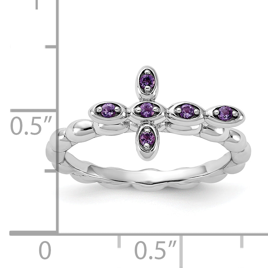 Sterling Silver Stackable Expressions Rhodium-plated Amethyst Cross Ring