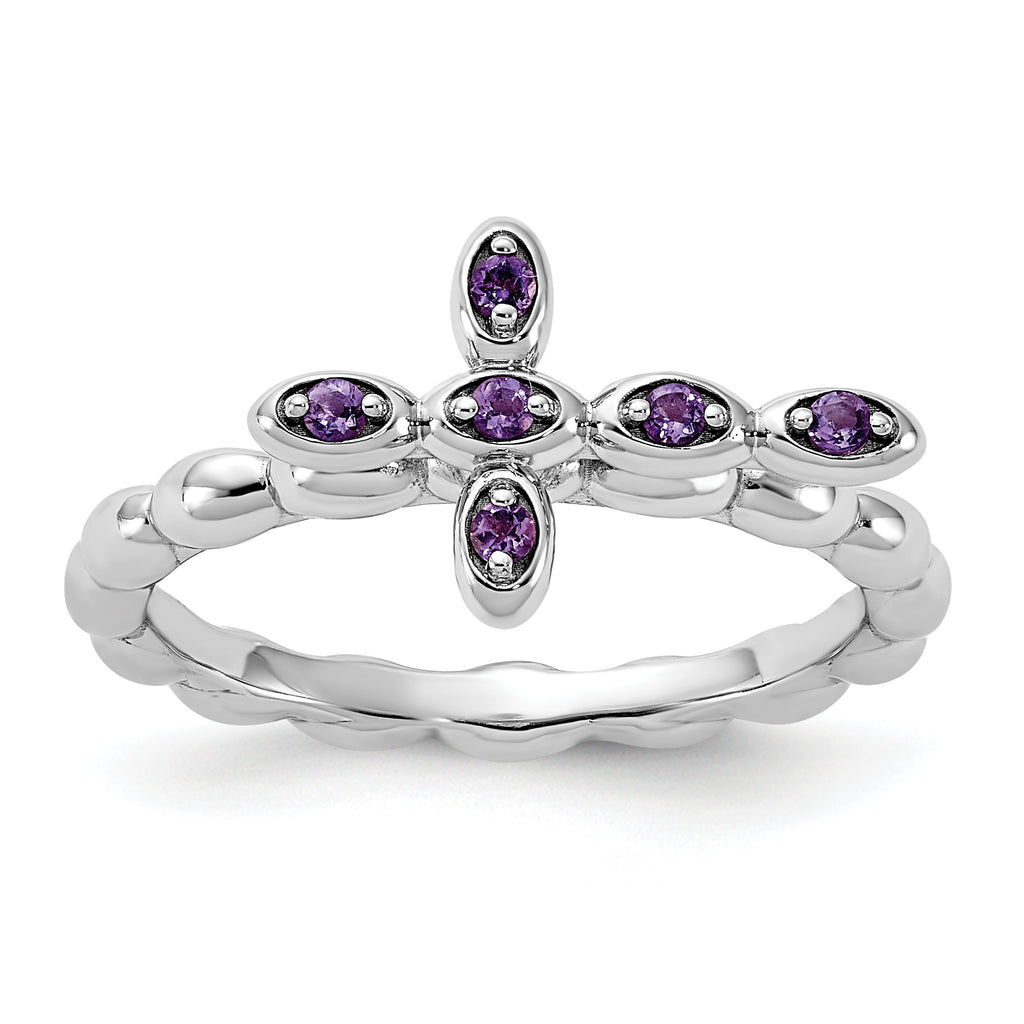 Sterling Silver Stackable Expressions Rhodium-plated Amethyst Cross Ring