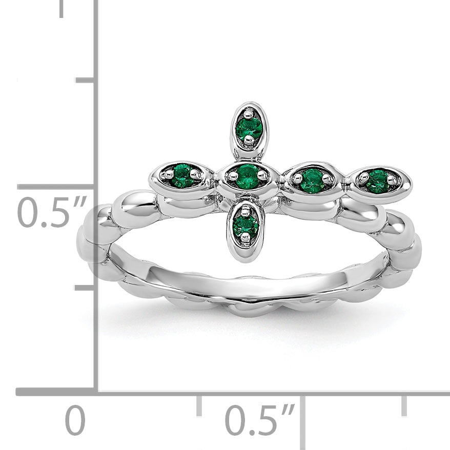 Sterling Silver Stackable Expressions Rhodium-plated Created Emerald Cross Ring