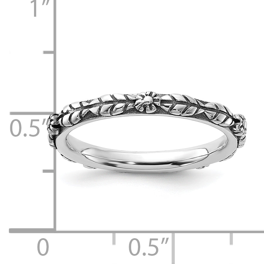 Sterling Silver Stackable Expressions Oxidized and Textured Flowers Ring