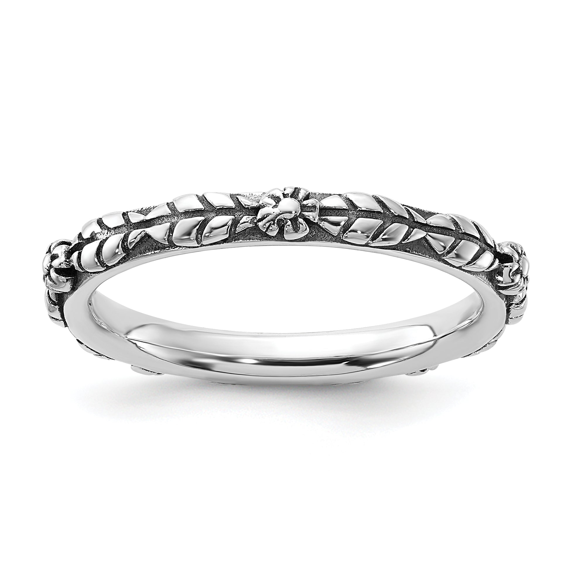 Sterling Silver Stackable Expressions Oxidized and Textured Flowers Ring Main image