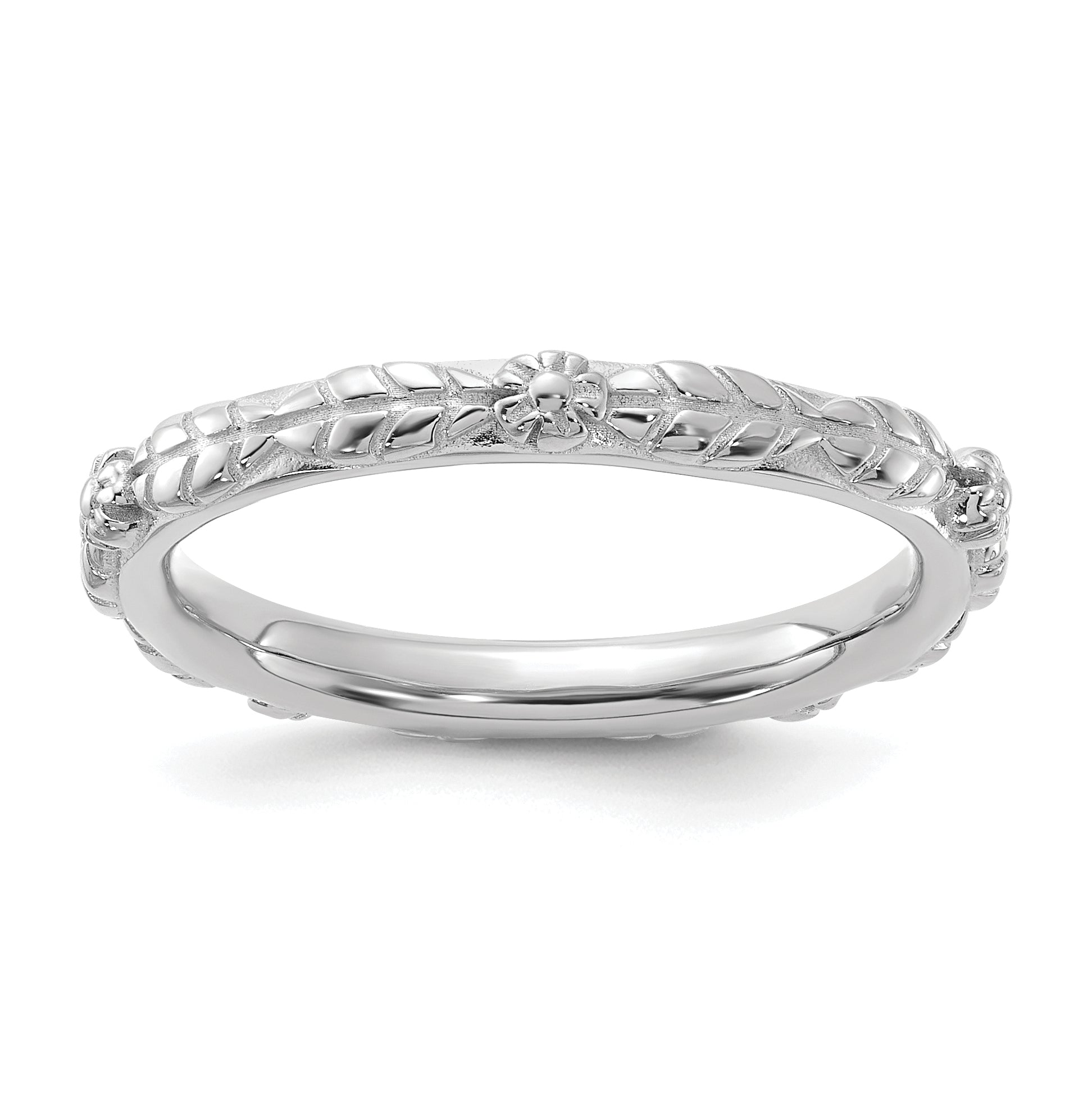 Sterling Silver Stackable Expressions Rhodium-Plated Textured Flowers Ring