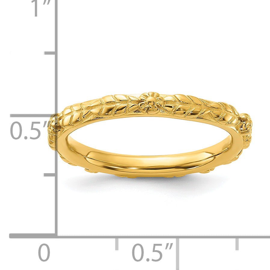 Sterling Silver Stackable Expressions Gold-plated Textured Flowers Ring