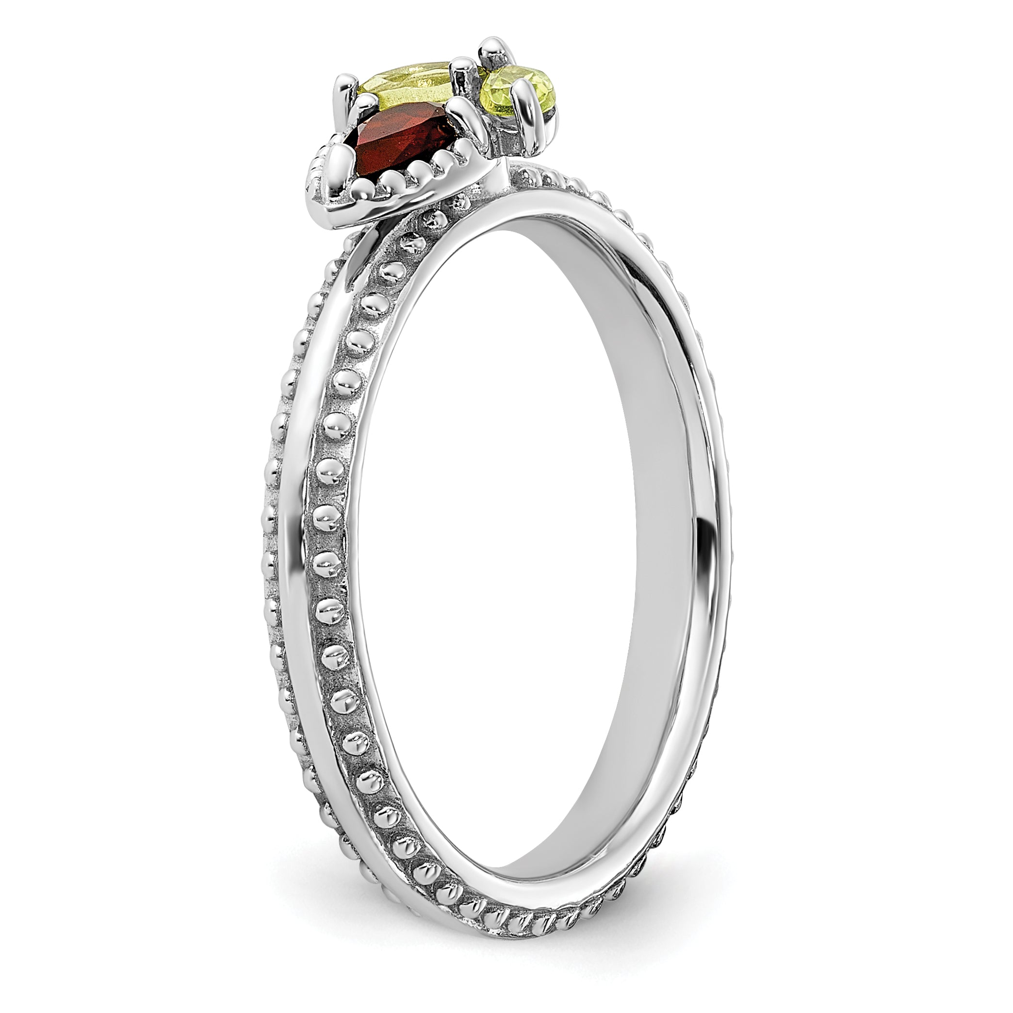 Sterling Silver Stackable Expressions Rhodium-plated Textured Garnet and Peridot Flower Ring