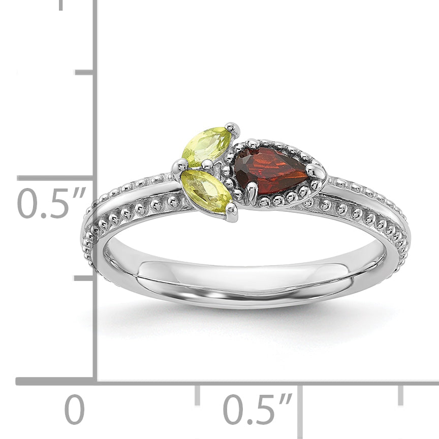 Sterling Silver Stackable Expressions Rhodium-plated Textured Garnet and Peridot Flower Ring